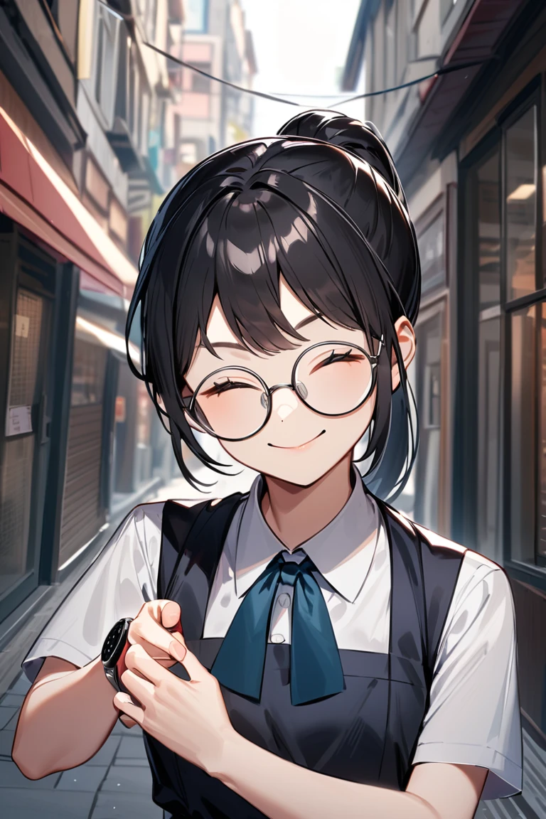 teen girl with black hair tied in ponytail wearing malaysian secondary school pinafore uniform. she also wears grey round metal glasses and a smart watch on her left hand. she is smiling cheekily.