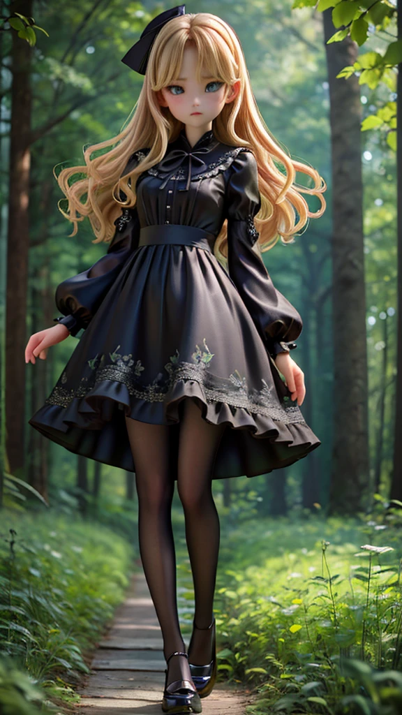 whole body、dress、 pantyhose、Black Footwear、blonde、Loose blade、Beautiful Face、green eyes、Forest Background、(masterpiece:1.2)、Best Quality、Confused、highly detailed wallpaper、 Full Photo、(黒とのdress、length)sleeve :1.1) , ren&#39;s Underwear, Flip-up skirt,  s shorts I can see, Low Angle,  flipping through my skirt,  angle from directly below to widen the vagina,  closet up,  look inside skirt ,  I can see my underwear 