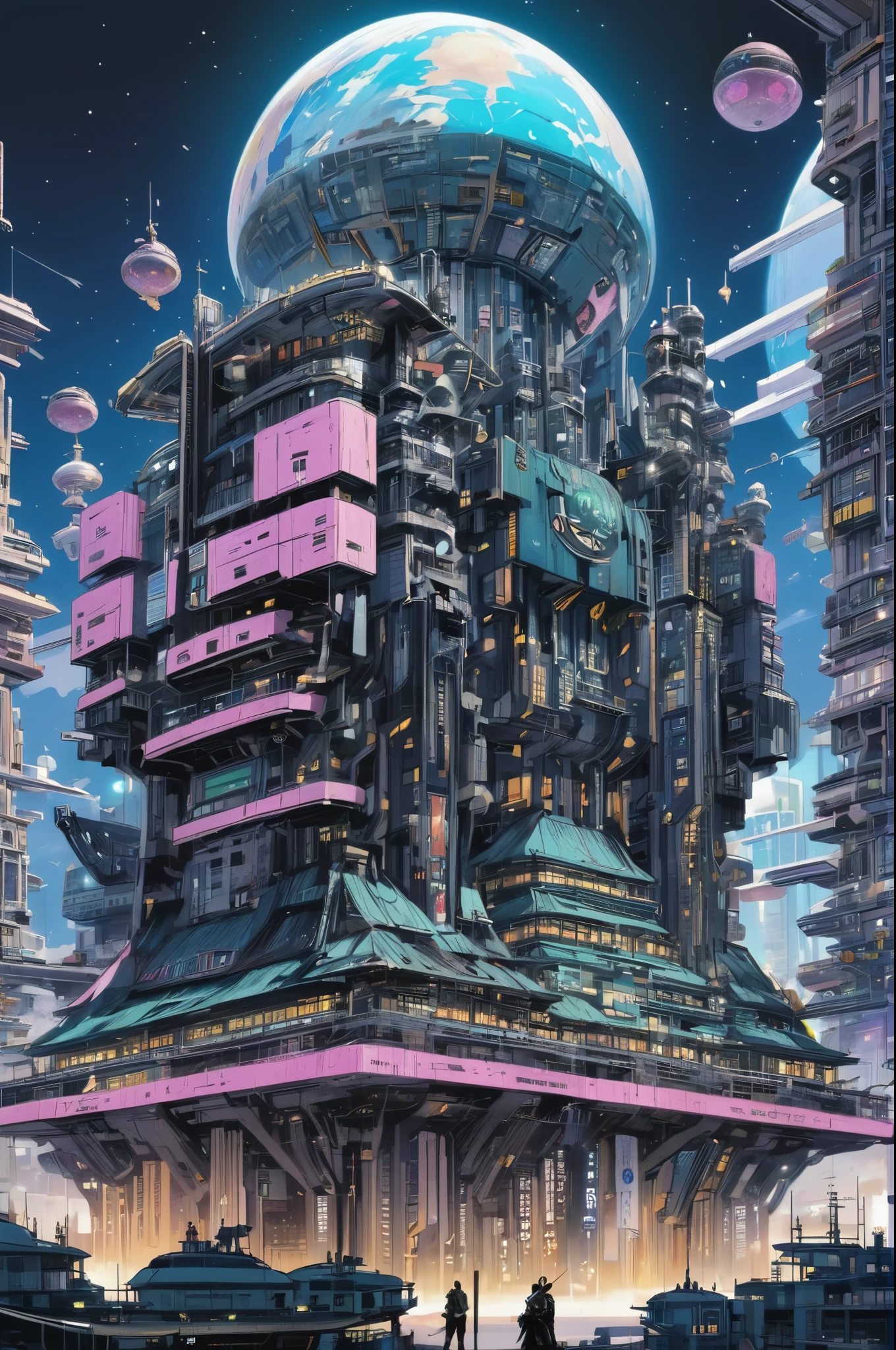 kyotopunk, zukuri, anime style, fantasy, modern art gallery in a gargantuan,Hyperborean scifi arcology at the beginning of reality, masterpiece, by Juhani Jokinen