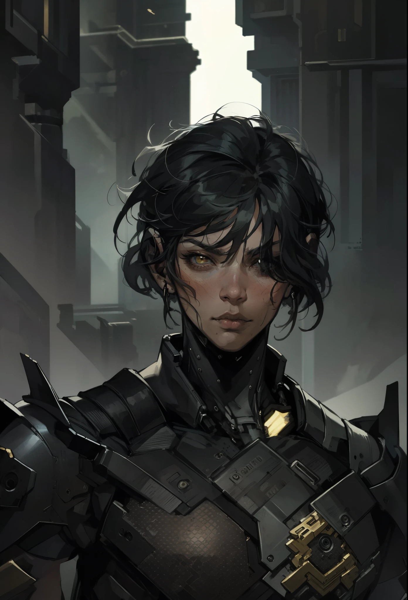 absurdres, highres, ultra detailed, HDR, masterpiece, extremely detailed face and eyes, extremely detailed features, Raiden, Metal gear rising, white spiky hair, yellow eyes, skinny, metal gear rising, final fantasy, solo, sexy man, handsome, cybernetic black armor, oppressive dark atmosphere, darkness, magical scene.