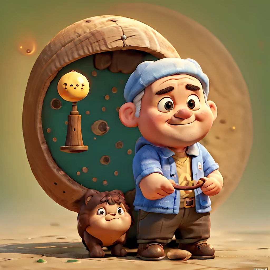 「 a stubborn father character is beating、 3D animated illustration with a round shape 。The whole thing is rounded 、 cute and unhavable appearance 。 fantasy style background added 、 Friendly Atmosphere 。 funny old man character 、A photo of only one person。」