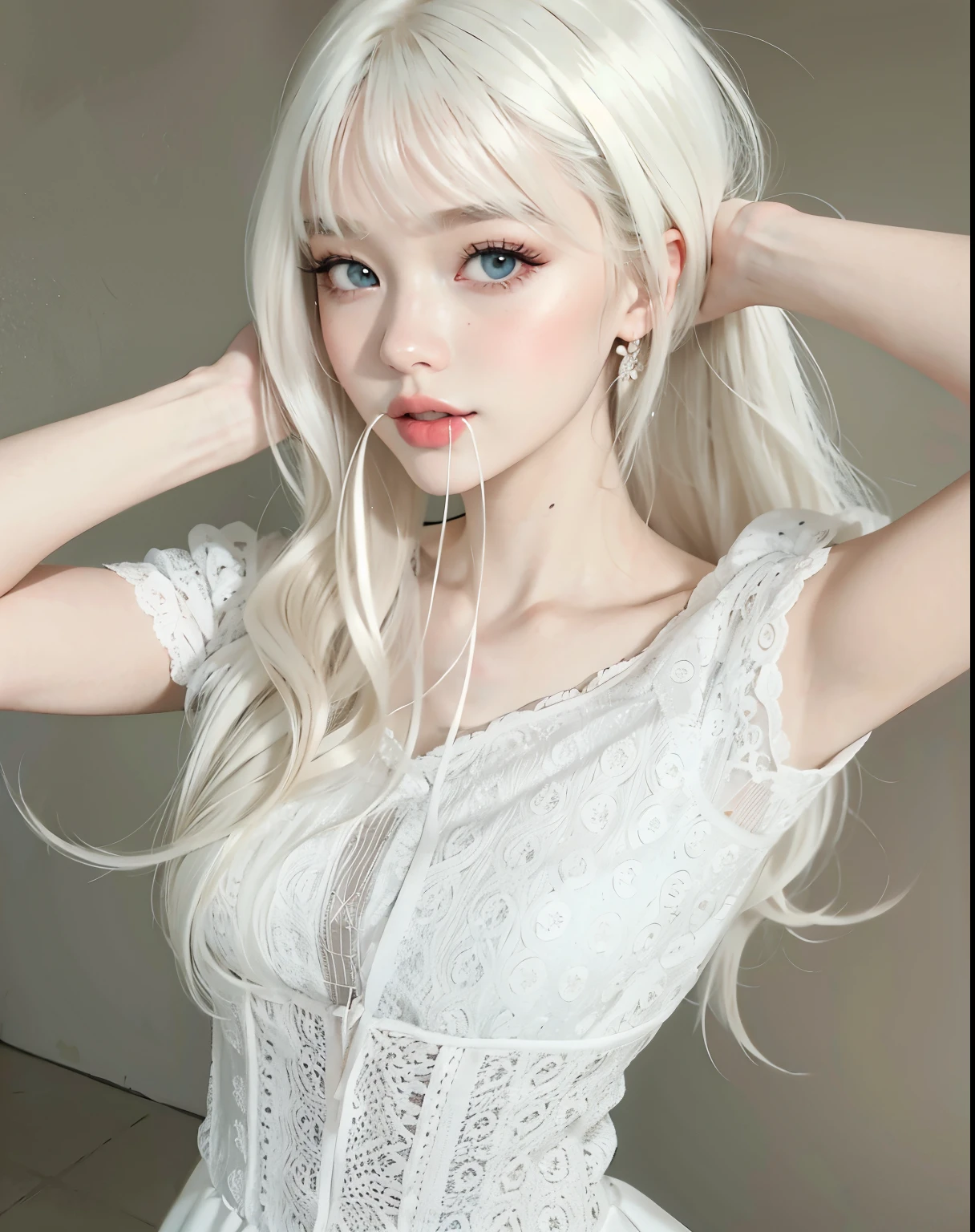 blonde girl with a pink toothbrush in her mouth, long white hair and bangs, white fringe, pale milky white porcelain skin, ulzzang, pale porcelain white skin, white hime cut hairstyle, perfect girl with white hair, cabelo whitebangs cabelo,  with long white hair, with long white hair, Lalisa Manobal, girl with white hair, guweiz, blue eyes