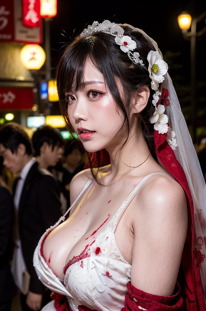 Japanese bride covered in blood, wedding dress stained with blood, whole body, In a night town with lots of people, in Shibuya, huge breasts, (((realistic))), (((High resolution)))