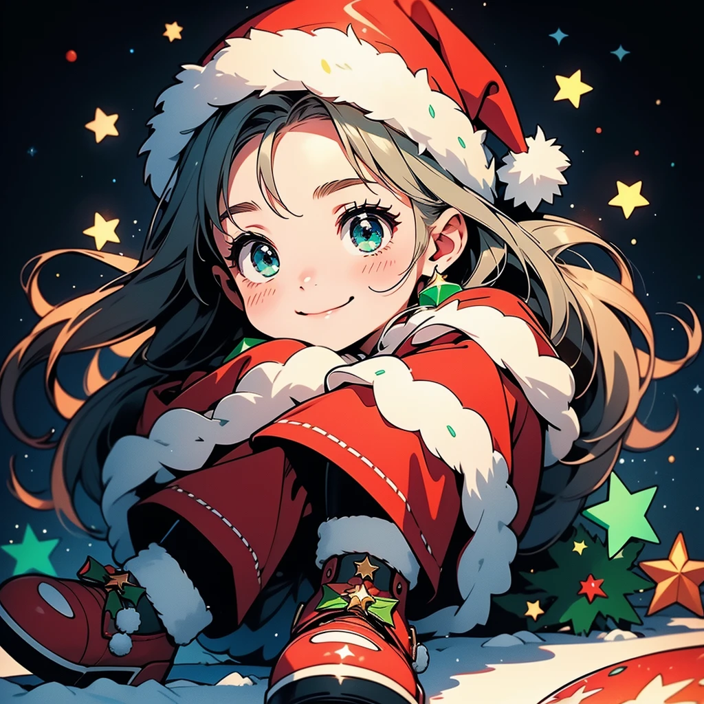 cutestarの妖精、cute、Handsome face、CosmiEyes,（ beautiful eyes、Detailed eyes）、（ best detail 、The best configuration、 perfect anatomy）、Full body front、Front、 facing the viewer、 one girl playing pranks, highest quality、masterpiece、official art、Super detailed、 so beautiful、 Santa Clausの妖精、Gray Hair、 STRAIGHT LONG HAIR、milky way、Universe、star charm、star、baby face、 long boots for stepping on bread, magic circle、houndstooth、smile、Magenta Neon Light、Hope and expectation、 Santa Claus、 Christmas、🎅、 Santa Clausの衣装、red and white goth costume 、 sheepskin boots、star、流star群、universe、 neon lights enhance cuteness、dynamic、Red and green neon color background 、 Christmasツリー、Sled、