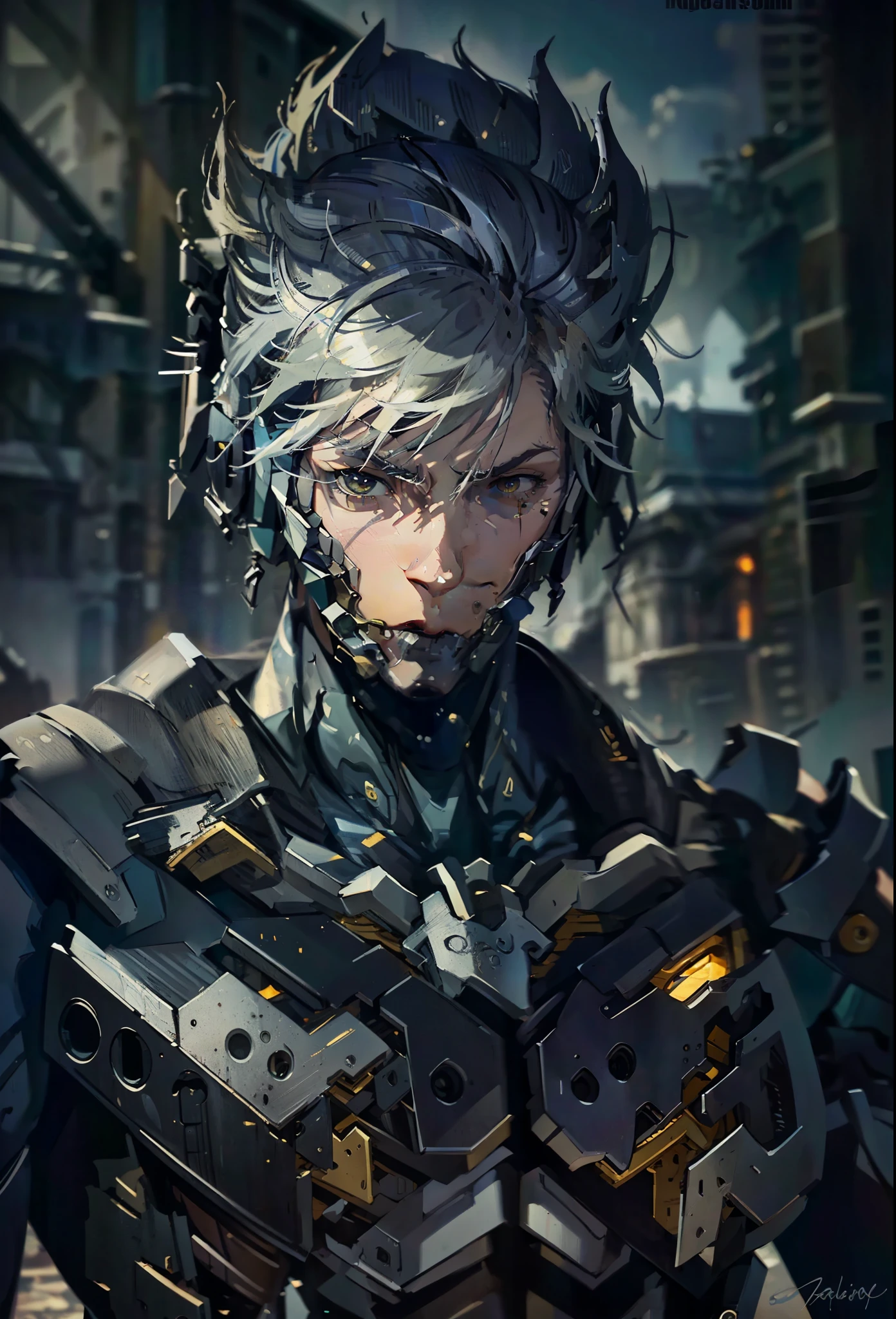 absurdres, highres, ultra detailed, HDR, masterpiece, extremely detailed face and eyes, extremely detailed features, Raiden, Metal gear rising,  white spiky hair, yellow eyes, metal gear rising, final fantasy, solo, sexy man, handsome, cybernetic black armor, oppressive dark atmosphere, darkness, magical scene.