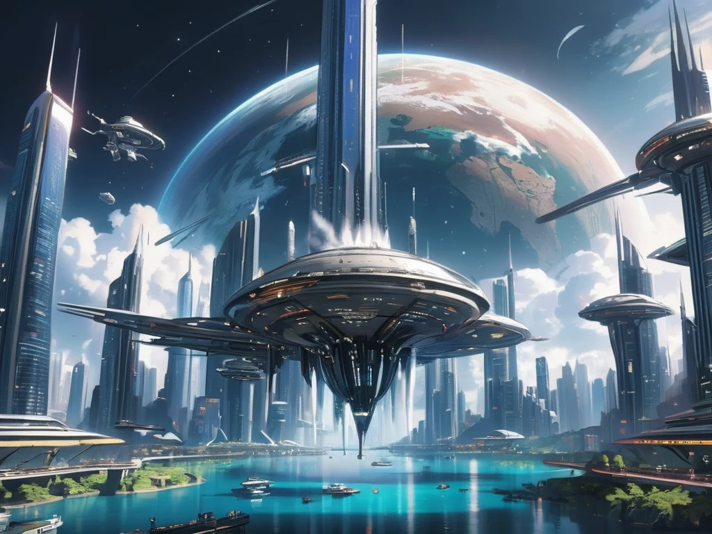 cyberpunked、Futuristic cities、planet earth、Skyscrapers towering through the clouds　cyberpunked.ＳＦart by、Utopian City、There is a super huge waterfall、Megacities、dream、top-quality　​masterpiece、Beautiful cities of the future　A space station