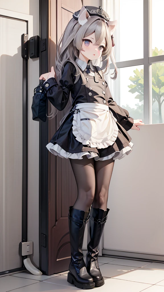 line-up，，Koukornidome doll， black leather boots ，  white pantyhose ,Maid costume,
peeing self