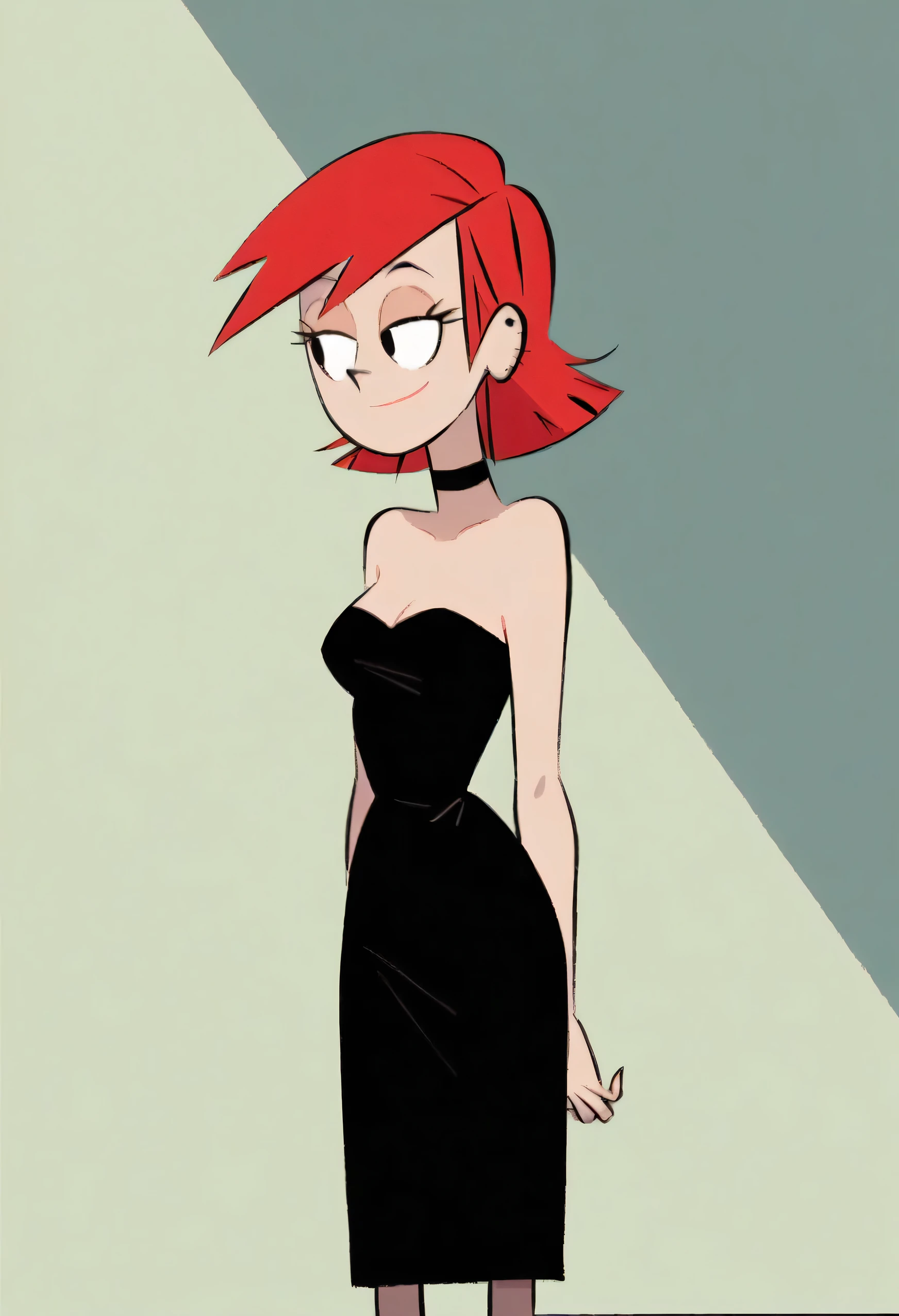 FrankieFoster, red medium hair, bob hair cut, black eyes, posing, solo, strapless black dress, light smile, beautiful, arms at sides, standing up,