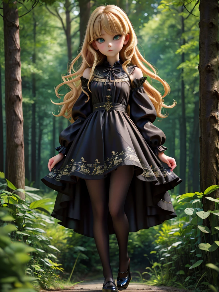 whole body、dress、 pantyhose、Black Footwear、blonde、Loose blade、Beautiful Face、green eyes、Forest Background、(masterpiece:1.2)、Best Quality、Confused、highly detailed wallpaper、 Full Photo、(黒とのdress、length)sleeve :1.1) , ren&#39;s Underwear, Flip-up skirt,  s shorts I can see, Low Angle,  flipping through my skirt,  angle from directly below to widen the vagina,  closet up,  look inside skirt ,  I can see my underwear 