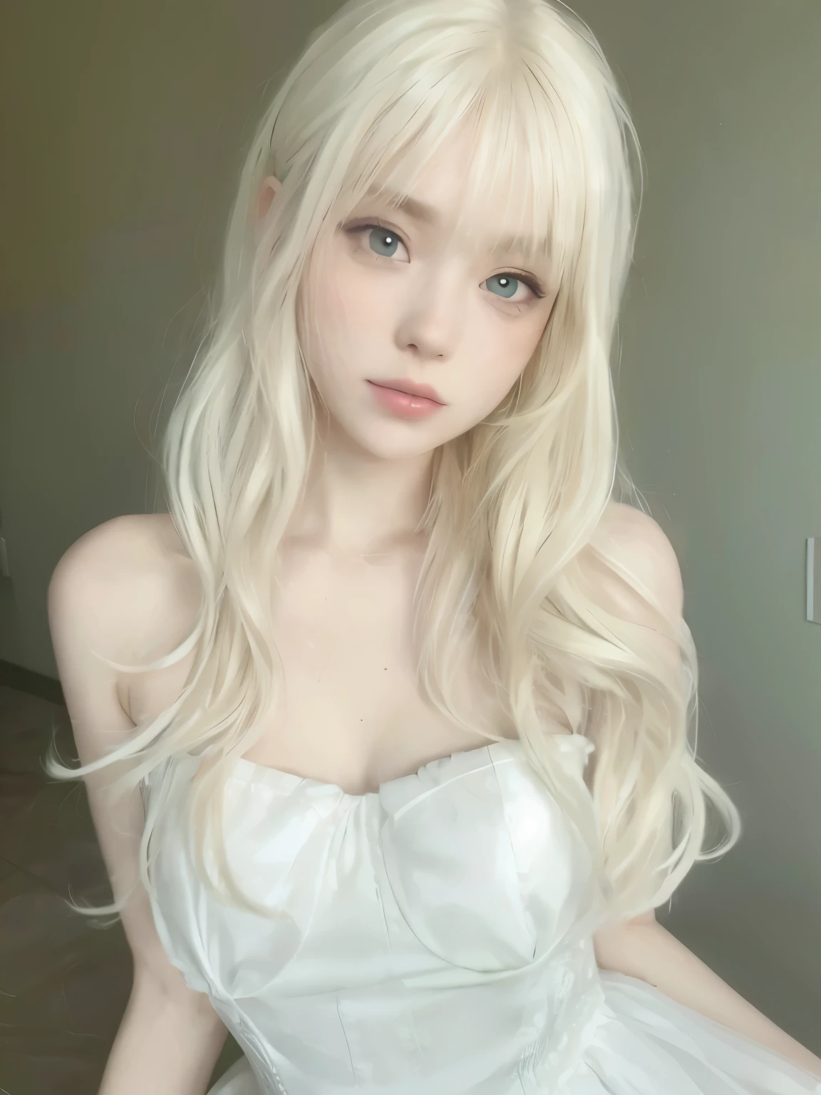 A close-up of a woman with long blonde hair wearing a white dress, long and white hair with bangs, hime white haircut, pale  white porcelain skin, with long and white hair, pale milky white porcelain skin, with long white hair, white bangs, extremely pale blonde hair,  real-life anime girl ,  white porcelain skin,  perfect girl with white hair , girl with white hair