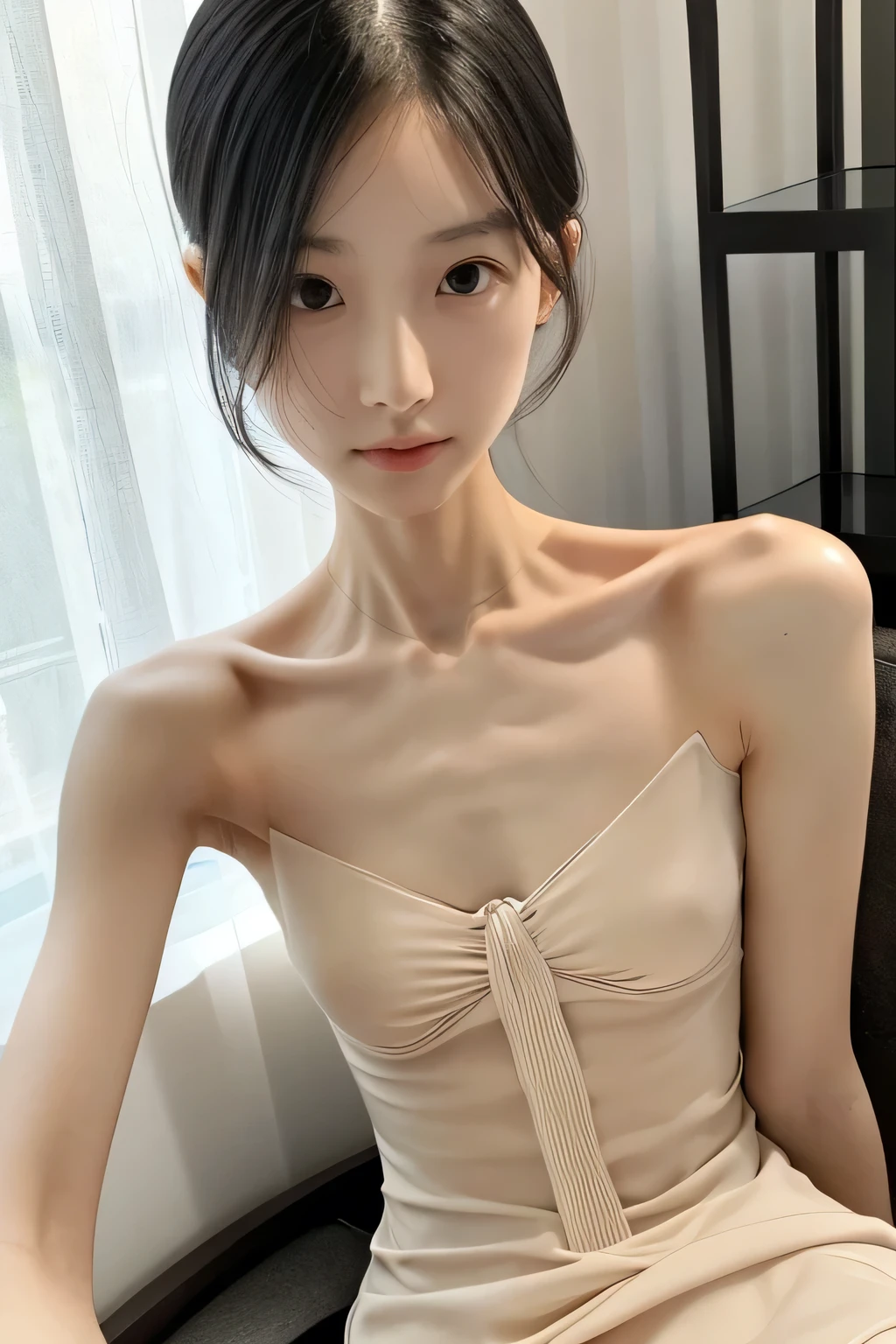 (Photorealistic),(Masterpiece),(ultra-detailed),a close shot of a very beautiful, very extremely veiny and extremely skinny slender thin anorexic beautiful Asian girl who is literally just veiny skin and bones and veins because of being severely malnourished and looks so fragile and delicate and has large expressive eyes, can see all her bones and prominent clavicle, she has a large head and very small and thin body frame and veiny legs, abs and very extremely veiny arms, extremely veiny arms, extremely slender build, extremely veiny arms, sitting on a chair, wearing a revealing dress. She has wet skin. She has a large head.