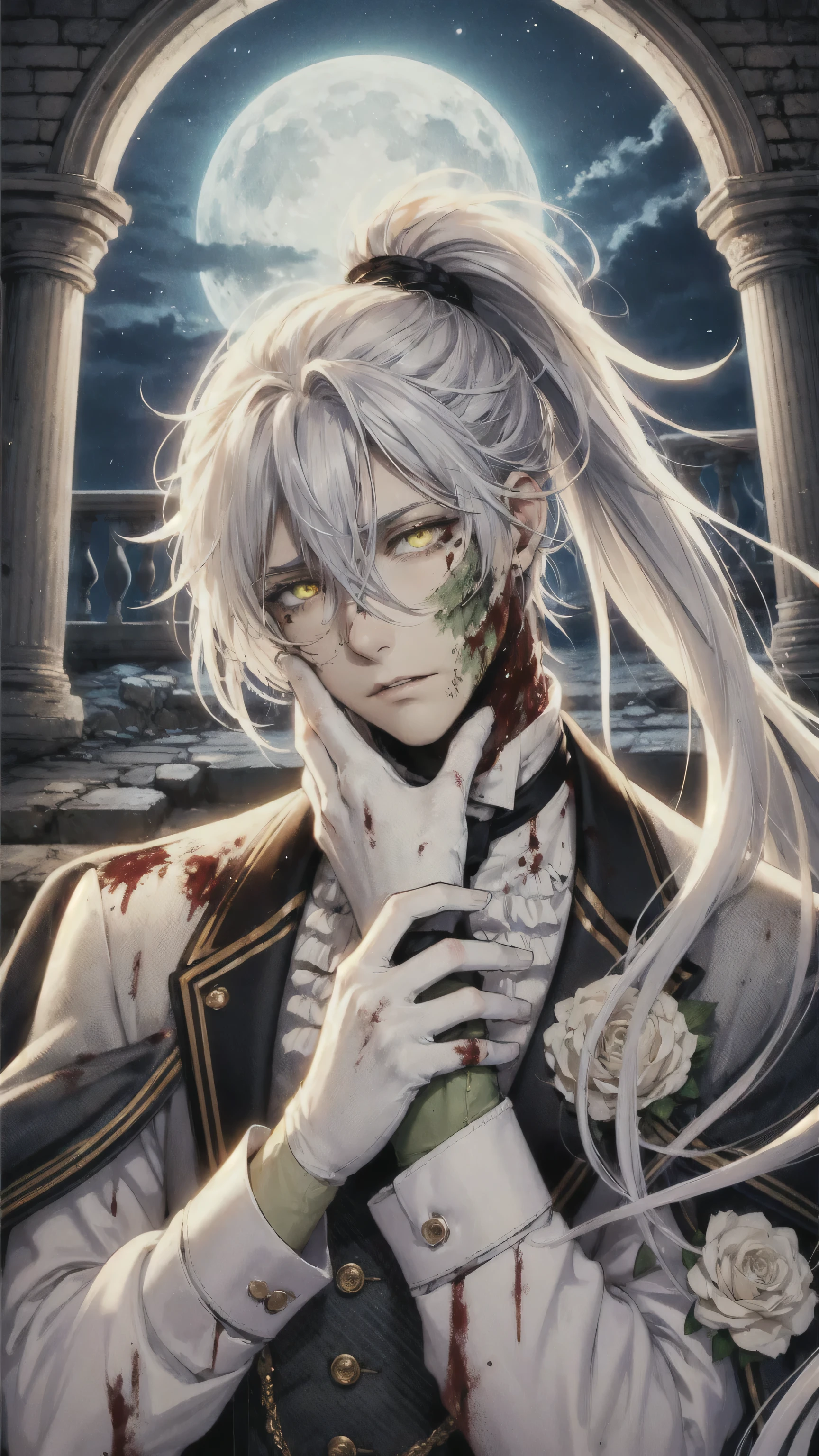 A sorrowful anime-style illustration of a handsome young man with very long, white hair tied in a ponytail, infected by a zombie virus, showing a bite mark on his neck and patches of greenish discoloration on his skin. He has blood tears and glowing yellow eyes, with one hand partially covering half of his face, adding a sense of mystery and sadness to his expression. Dressed in a classic butler’s uniform, he stands within a ruined palace at night, with an atmosphere of haunting beauty. The perspective is from below, emphasizing his tragic aura.