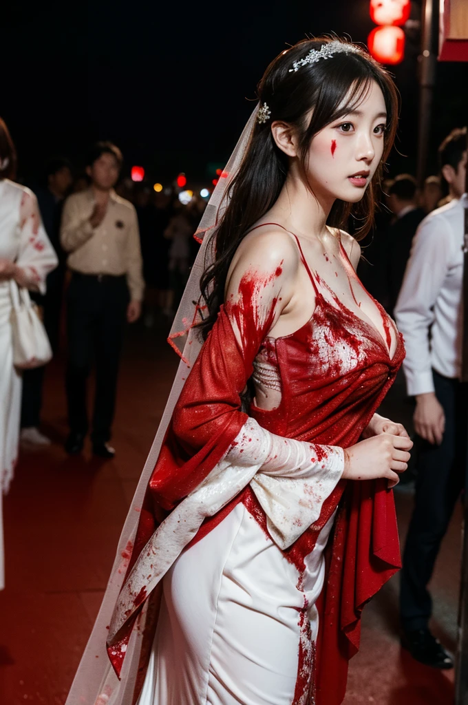 Japanese bride covered in blood, wedding dress stained with blood, whole body, In a night town with lots of people, in Shibuya, huge breasts, (((realistic))), (((High resolution)))