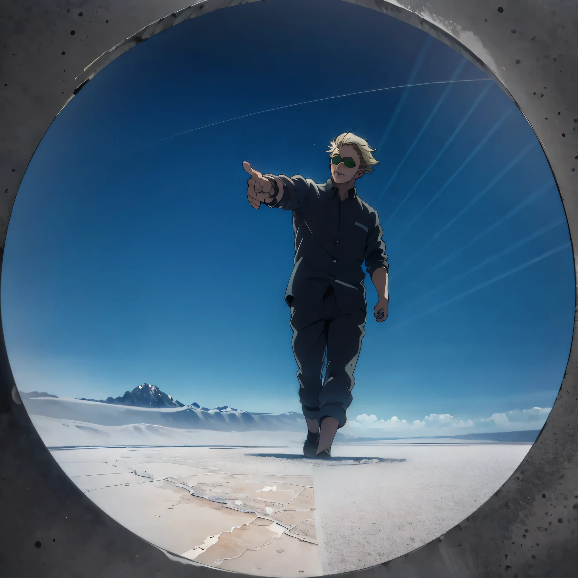 arafed man in black shirt and sunglasses standing on a beach, at salar de uyuni, at the salar de uyuni, profile picture 1024px, in the middle of the desert, photo taken in 2 0 2 0, forced perspective, with earth in the background, constructed upon salar de uyuni((KentoNanami)),masterpiece,highres,high quality,extremely detailed,goggles,tinted eyewear,serious,formal,