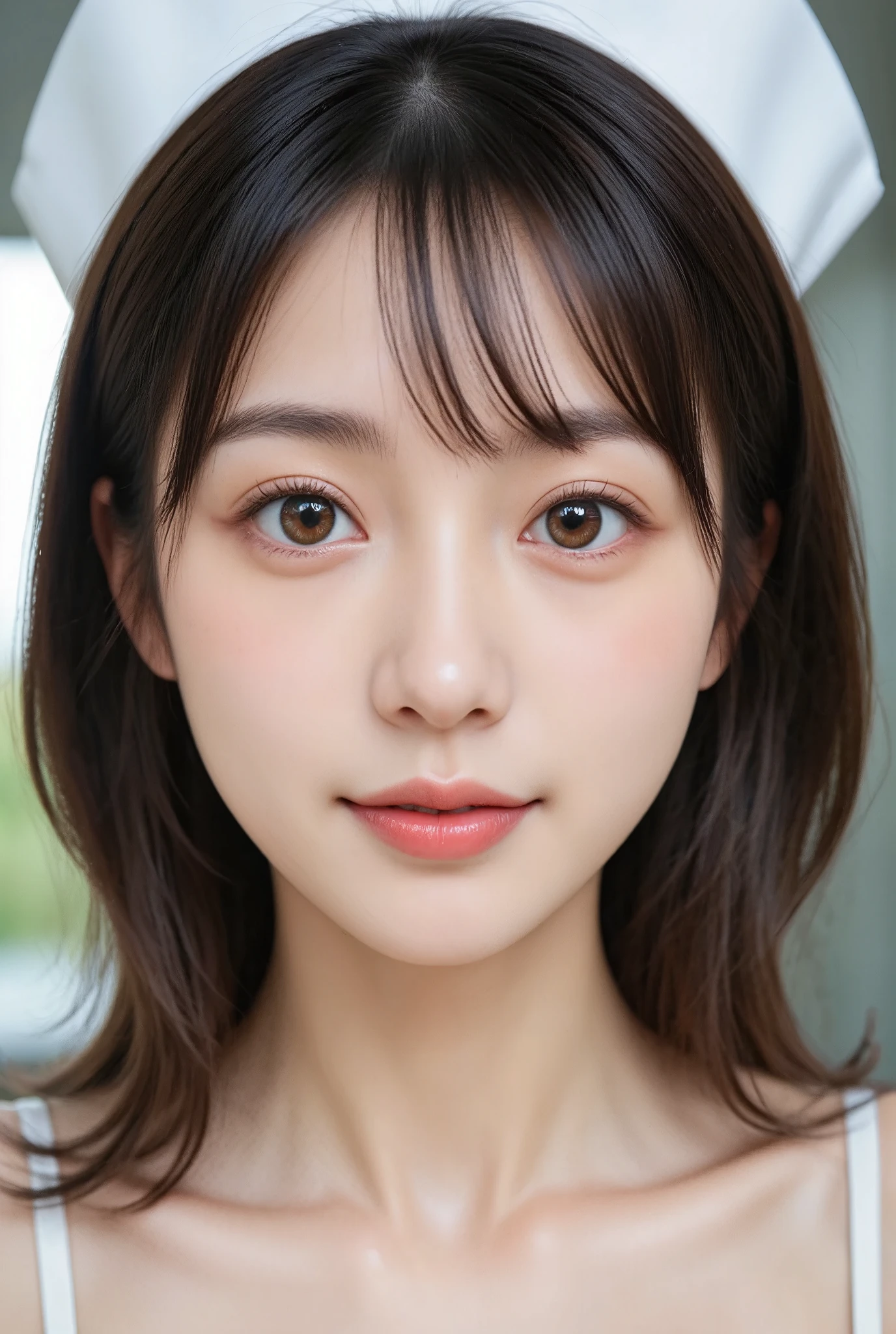 1 japanese female nurse, beautiful detailed eyes, beautiful detailed lips, extremely detailed face, beautiful symmetrical droopy eyes, 26 years old, beautiful idol face, intricate details, high quality, photorealistic, 8k, masterpiece, realistic, vivid colors, natural lighting