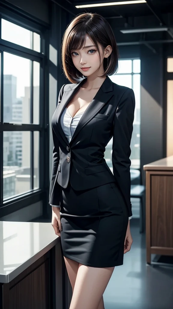 (masterpiece, best quality:1.2), 1girl, Alone, straight bob hair, ( high definition), ( wear a business suit), high-waist skirt, full body, standing, medium breasts, cleavage,  office, leaning forward