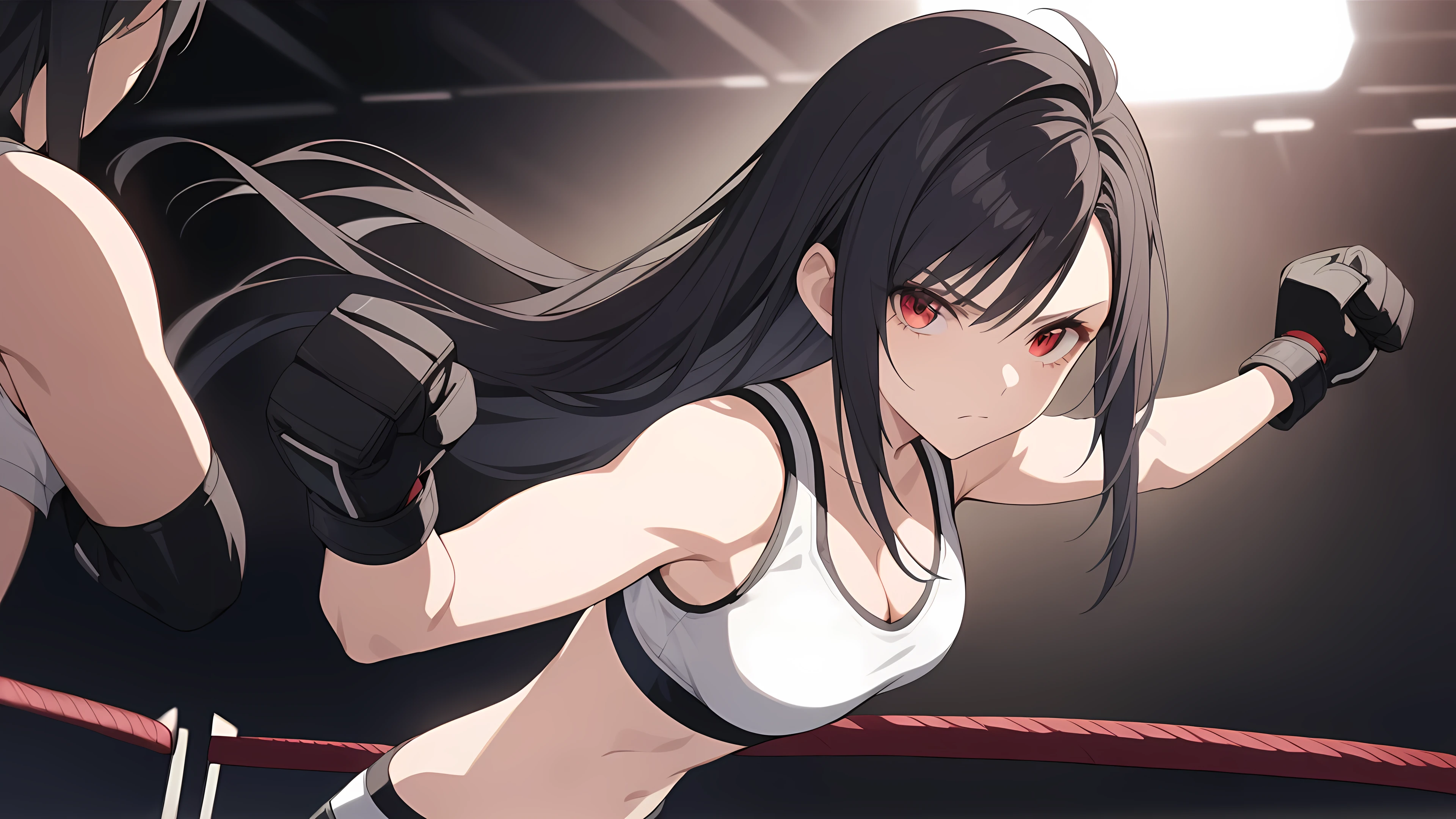 (Tifa Lockhart from Final Fantasy VII, black long hair, red eyes), (Age 25, Mature, cool and beautiful face, 1girl, solo), a beautiful, extremely detailed, detailed eyes, detailed iris, natural lighting, white sports bra, athlete spats, mma gloves, sleeveless, bare thigh, cleavage, belly button, Toned body, slim long legs, in boxing ring, serious, (fighting poses:1.5), (upper body shot:1.5), looking at viewer,