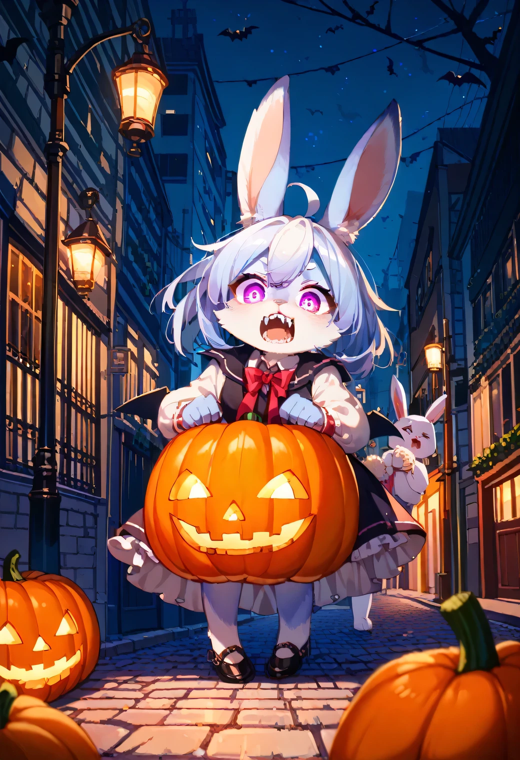 score_9, score_8_up, score_7_up, score_6_up, score_5_up, score_4_up, source_cartoon, best quality, amazing quality, very aesthetic, absurdres, 1girl, (furry, kemono:1.3), rabbit, rabbit girl, rabbit ears, flying_pumpkin, menacing_face, glowing_eyes, sharp_teeth, terrified_woman, halloween_decorations, night_street, eerie_glow, cobblestone_street, bats, spider_webs, street_lamps, spooky_atmosphere, screaming_woman, long_shadows