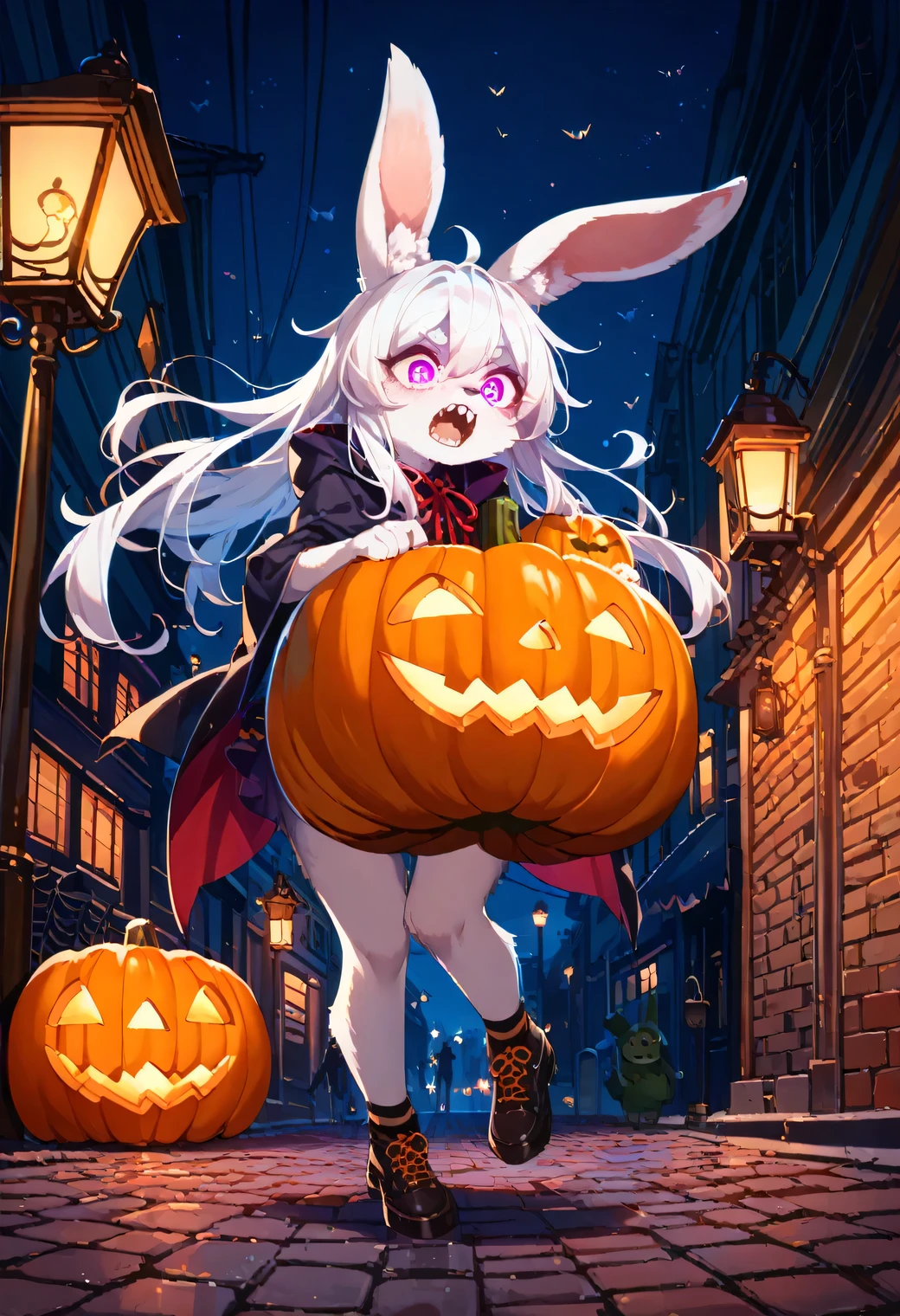 score_9, score_8_up, score_7_up, score_6_up, score_5_up, score_4_up, source_cartoon, best quality, amazing quality, very aesthetic, absurdres, 1girl, (furry, kemono:1.3), rabbit, rabbit girl, rabbit ears, flying_pumpkin, menacing_face, glowing_eyes, sharp_teeth, terrified_woman, halloween_decorations, night_street, eerie_glow, cobblestone_street, bats, spider_webs, street_lamps, spooky_atmosphere, screaming_woman, long_shadows