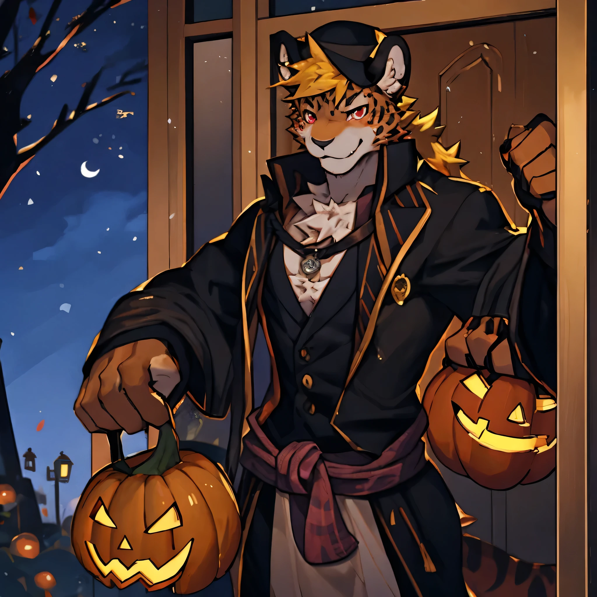 Halloween，Night，Juvenile，golden fur，Golden hair， red eyes，Leopard，Blushing，Wear Halloween clothes，Wearing a magic hat ， holding a pumpkin lantern with candy， standing shyly in front of the door 