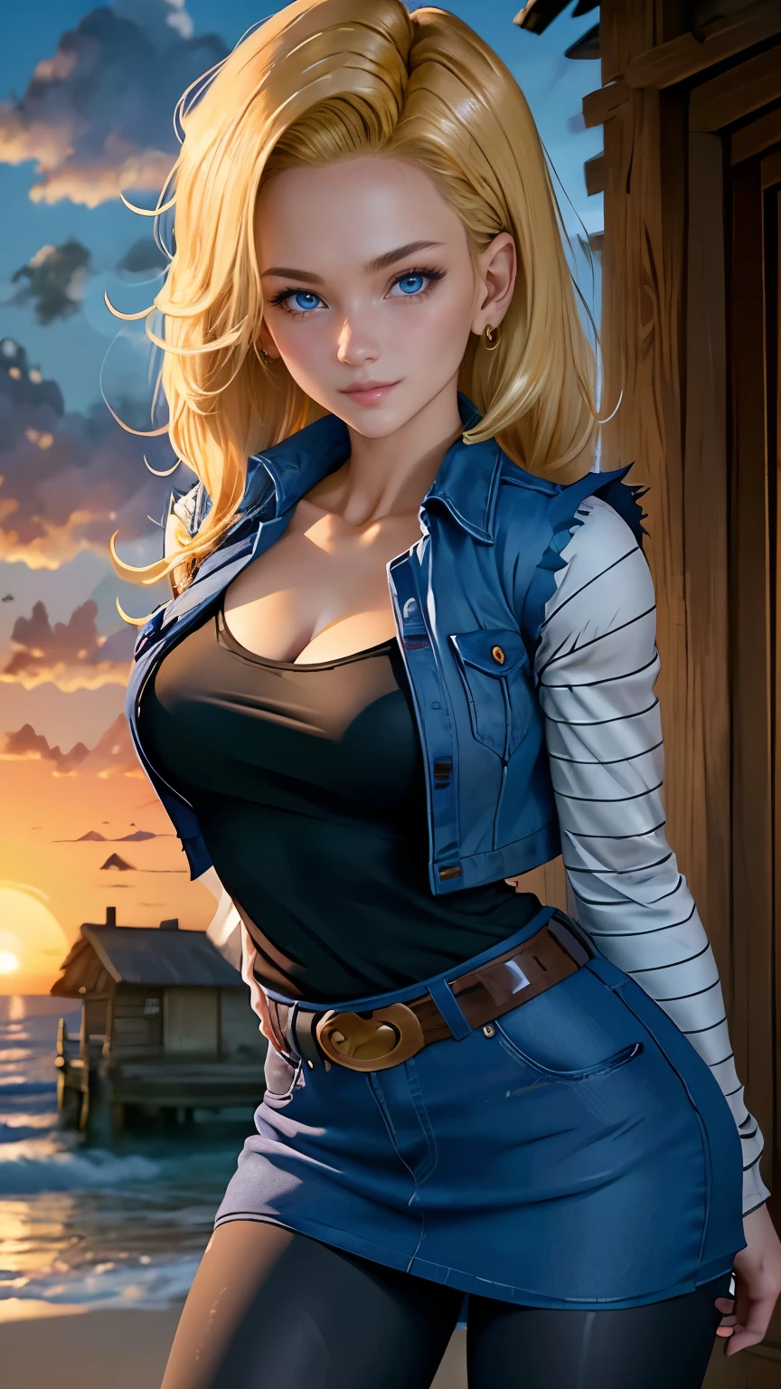 Android 18 da dragon ball z,(best quality, 4K,8k,high resolution,work of art:1.2)(weather: sunset), tropical island background, beach cabin, wide hips, short curly hair, blonde hair, freckles, black top, striped sleeves, denim vest, belt, tight denim skirt, pantyhose, brown boots, earrings, cleavage, light makeup, dark eyeshadow, blush, flirty pose, glowing eyes, ultra detailed,portrait,realistic,beautiful detailed blue eyes, beautiful detailed lips,extremely detailed eye and face, long eyelashes,average, large breasts,flying hair,beaming smile, horny smile, powerful girl, bright coloured, dramatic lighting, starry sky,
