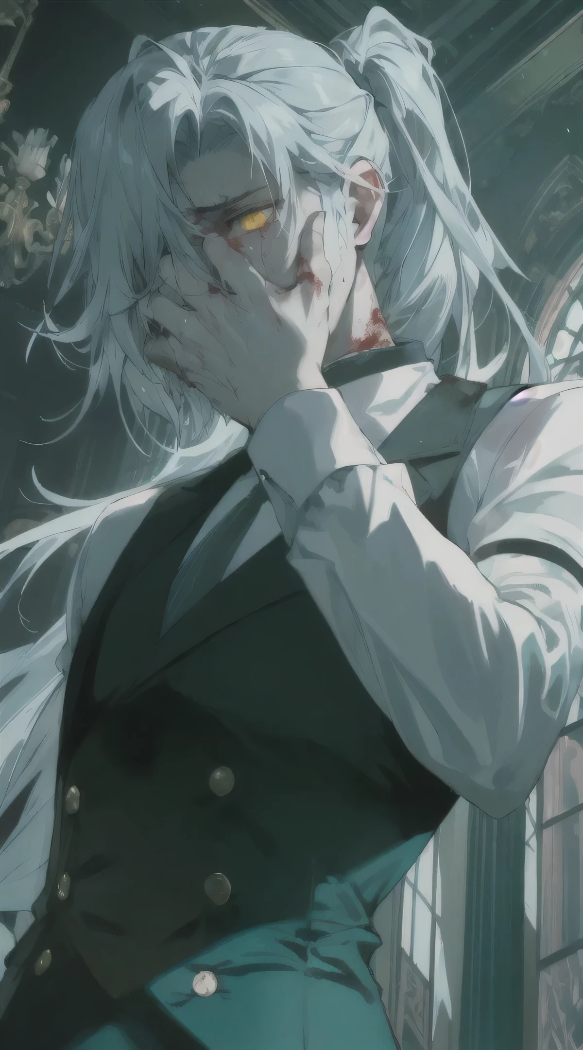 A sorrowful anime-style illustration of a handsome young man with very long, white hair tied in a ponytail, infected by a zombie virus, showing a bite mark on his neck and patches of greenish discoloration on his skin. He has blood tears and glowing yellow eyes, with one hand partially covering half of his face, adding a sense of mystery and sadness to his expression. Dressed in a classic butler’s uniform, he stands within a ruined palace at night, with an atmosphere of haunting beauty. The perspective is from below, emphasizing his tragic aura.