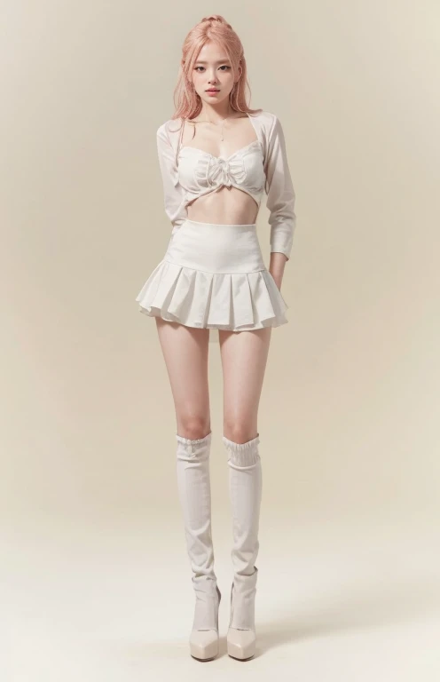 1 white anorexic girl wearing a crop top & a mini skirt full body.