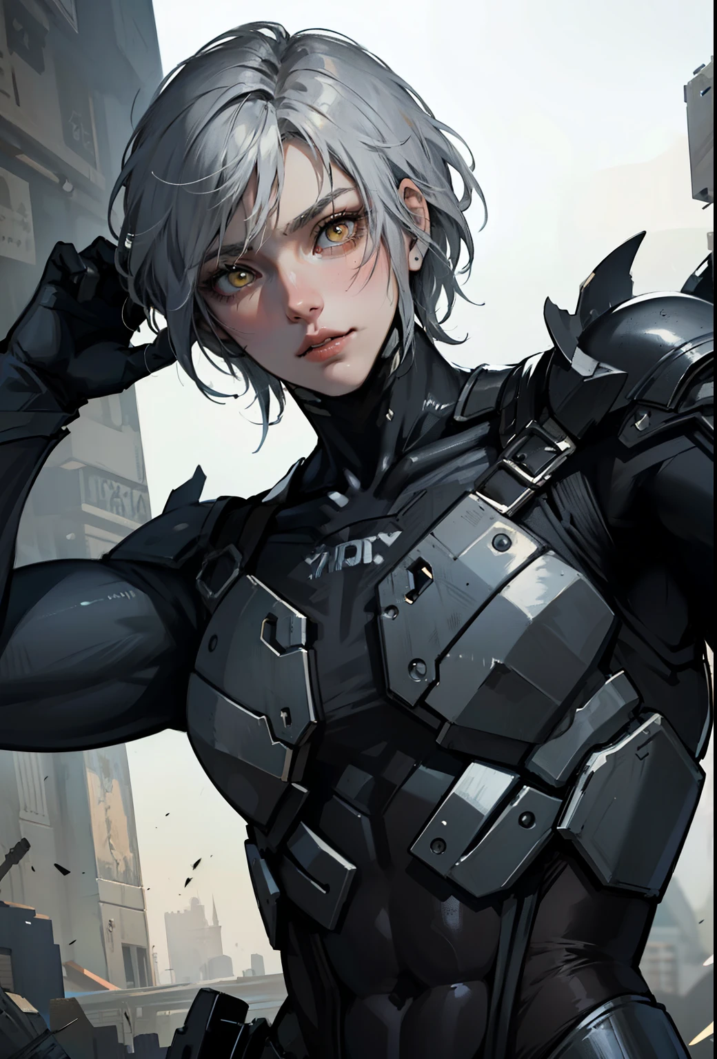 absurdres, highres, ultra detailed, HDR, masterpiece, extremely detailed face and eyes, extremely detailed features, Raiden, Metal gear rising,  white spiky hair, yellow eyes, metal gear rising, final fantasy, solo, sexy man, handsome, cybernetic black armor, oppressive dark atmosphere, darkness, magical scene.