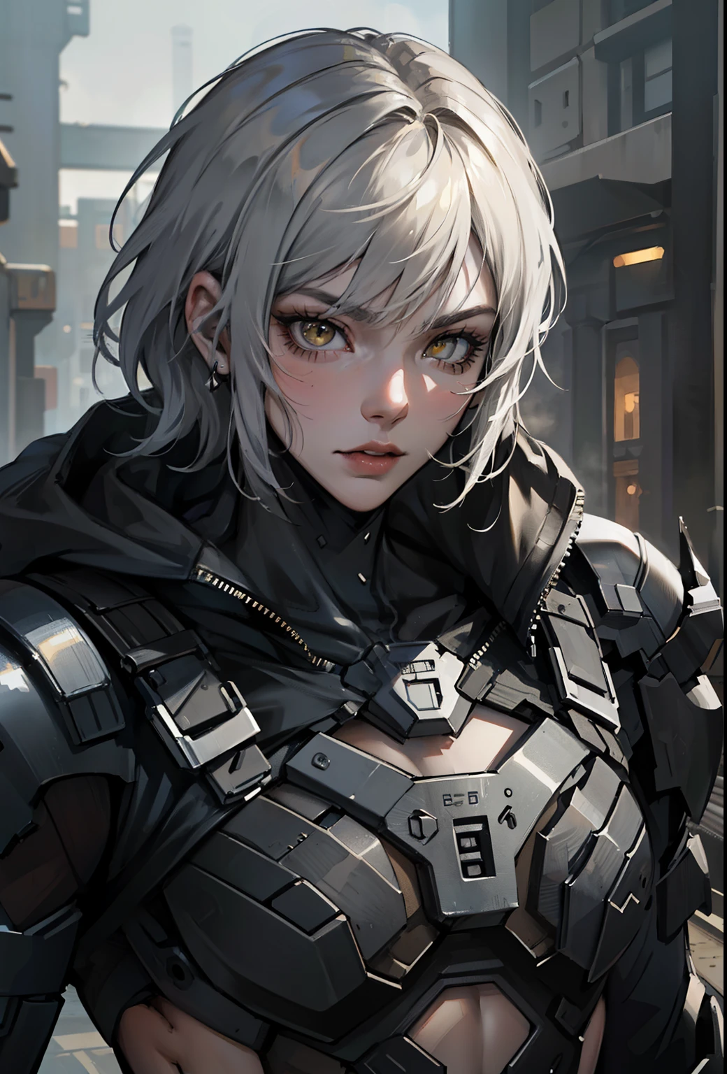 absurdres, highres, ultra detailed, HDR, masterpiece, extremely detailed face and eyes, extremely detailed features, Raiden, Metal gear rising,  white spiky hair, yellow eyes, metal gear rising, final fantasy, solo, sexy man, handsome, cybernetic black armor, oppressive dark atmosphere, darkness, magical scene.