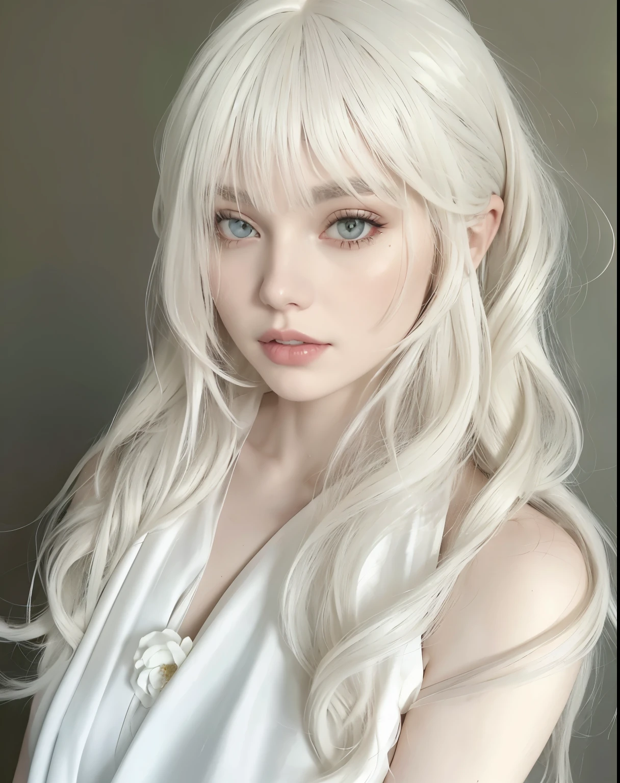 garota loira with long white hair e uma flor rosa no cabelo, long white hair and bangs,  with long white hair, white hime cut hairstyle, with long white hair, pale milky white porcelain skin, pale porcelain white skin, white fringe, flowing white hair, Porcelain white skin, girl with white hair, extremely pale blond hair,  Beautiful white hair 