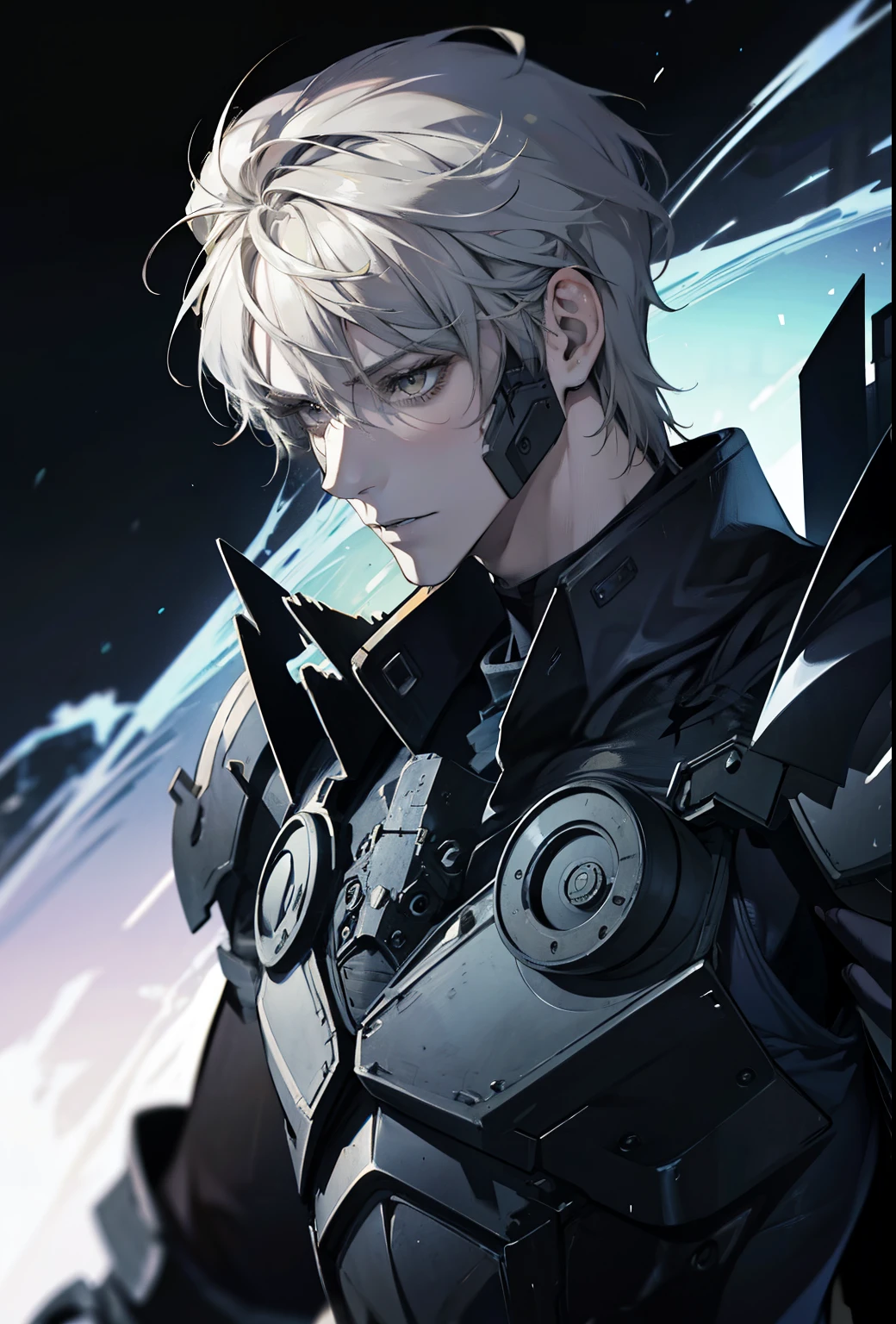 absurdres, highres, ultra detailed, HDR, masterpiece, extremely detailed face and eyes, extremely detailed features, Raiden, Metal gear rising,  white spiky hair, yellow eyes, metal gear rising, final fantasy, solo, sexy man, handsome, cybernetic black armor, oppressive dark atmosphere, darkness, magical scene.