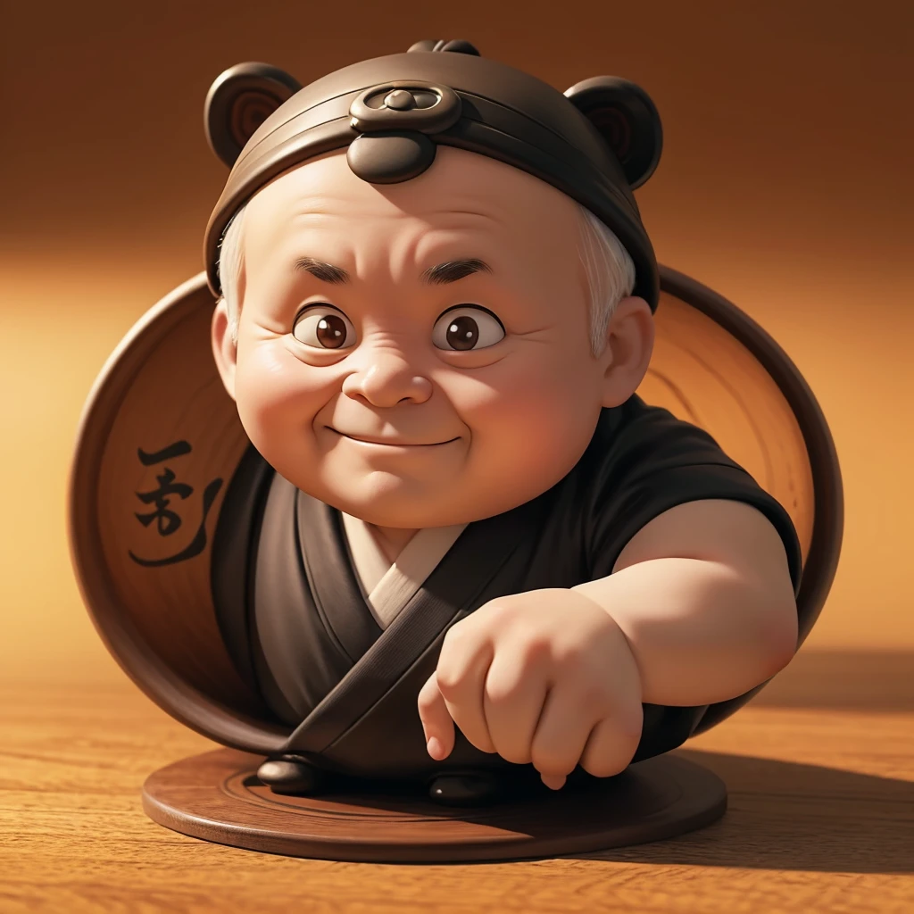 Samurai style「 a stubborn father character is beating、 3D animated illustration with a round shape 。The whole thing is rounded 、 cute and unhavable appearance 。 fantasy style background added 、 Friendly Atmosphere 。 funny old man character 、A photo of only one person。」