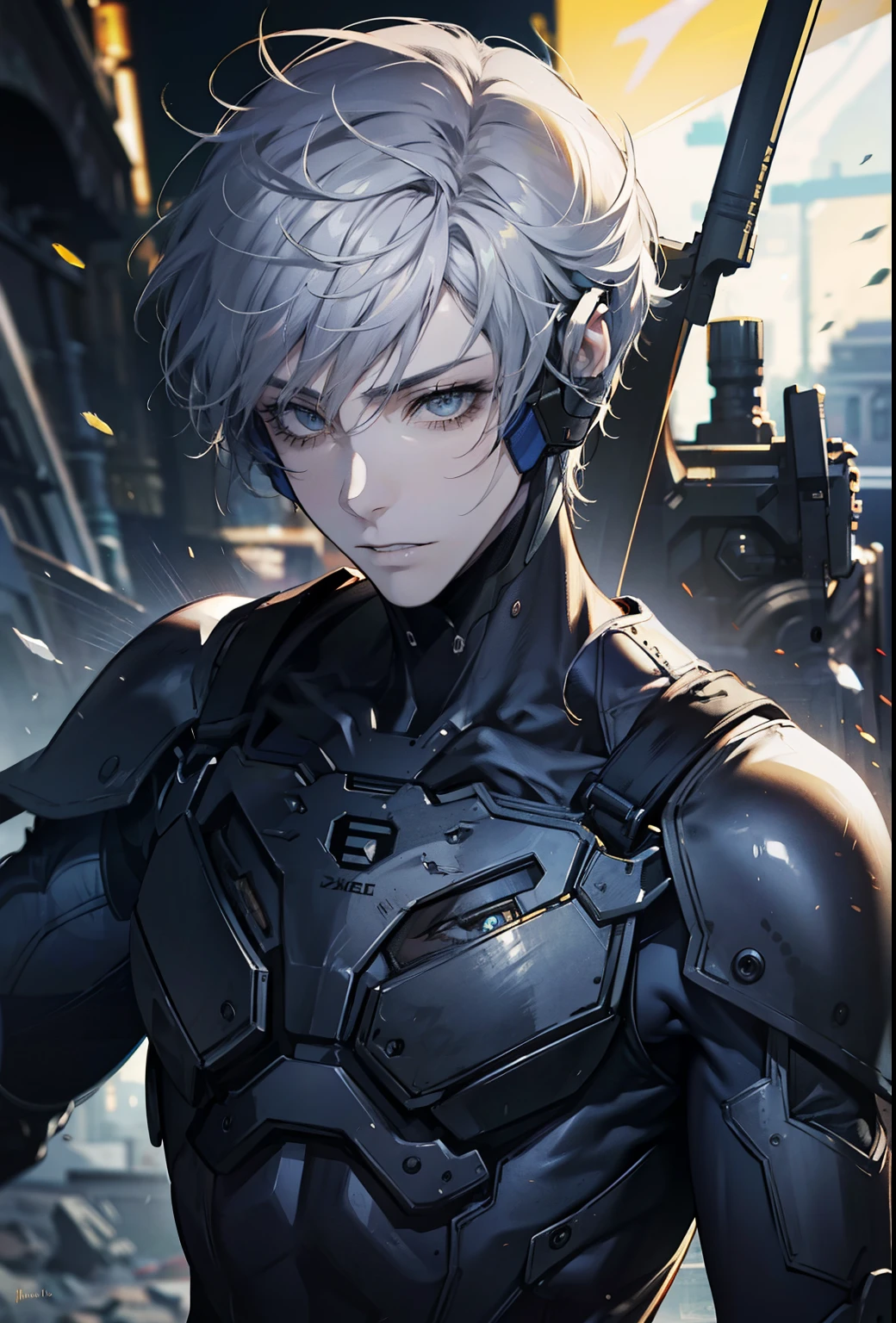 absurdres, highres, ultra detailed, HDR, masterpiece, extremely detailed face and eyes, extremely detailed features, Raiden, Metal gear rising,  white spiky hair, yellow eyes, metal gear rising, final fantasy, solo, sexy man, handsome, cybernetic black armor, oppressive dark atmosphere, darkness, magical scene.