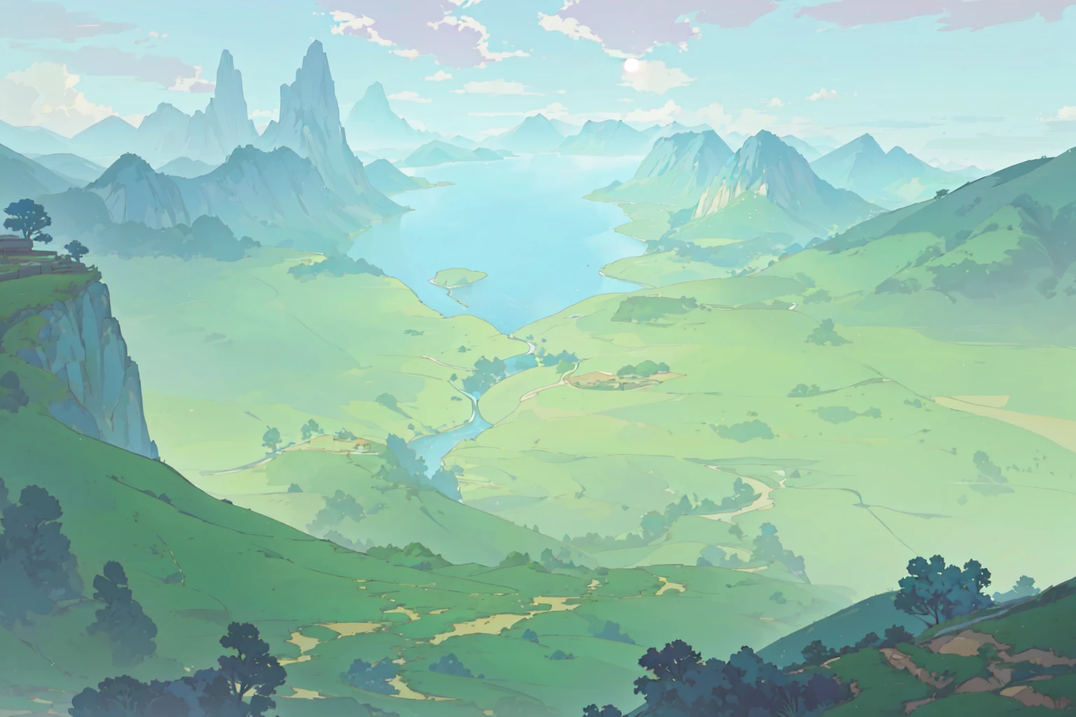  a picture of a valley ，There is a river in the middle ,  Anime Country Scenery , Anime Landscape, Ross Chen. Landscape background,  detailed view —width 672 , Epic Landscapes, Anime Scenery concept art,  studio fluent Makoto Shinkai,  Studio Ghibli landscape , Anime Landscape wallpaper,  village background in the distance , Peaceful and vast scenery, The Legend of Korra setting