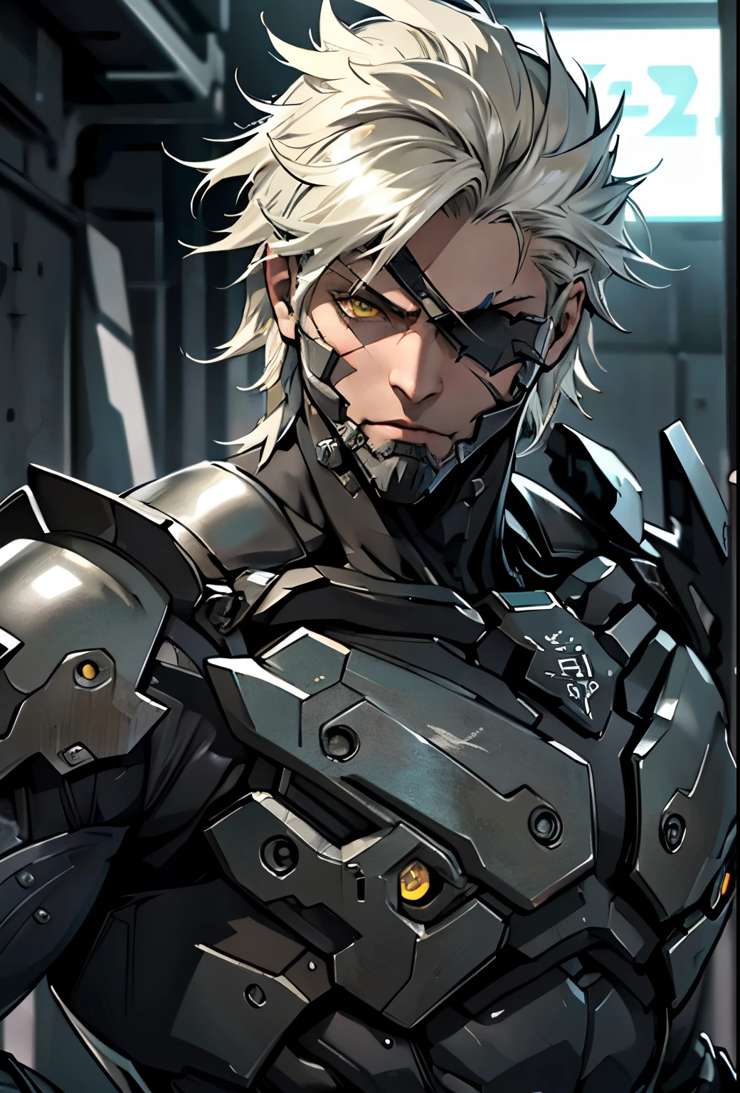 absurdres, highres, ultra detailed, HDR, masterpiece, extremely detailed face and eyes, extremely detailed features, Raiden, Metal gear rising,  white spiky hair, yellow eyes, metal gear rising, final fantasy, solo, sexy man, handsome, cybernetic black armor, oppressive dark atmosphere, darkness, magical scene.