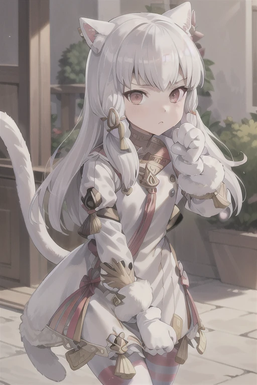 (masterpiece, ultra-detailed, high resolution, best quality:1.2), (Lysithea:1.2), (Detailed face, Beautiful Face), 1girl, long hair, white hair, cowboy shot, solo, frown, striped pantyhose, gloves, animal hands, cat paws, cat ears, cat tail, tail bow, hairclip