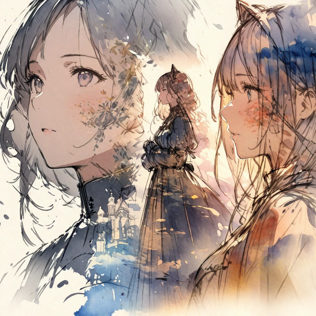 ((sketch:1.5)), ((watercolor:1)), Double Exposure of a Beautiful and Delicate Woman (The face is clear and perfect)image，Background、 Perfect Ultra Detailed Victorian Scenery , beautiful,  complicated illustration,  artwork concept artwork, break,(Everyone wants to be praised and 、 has a desire to be acknowledged),