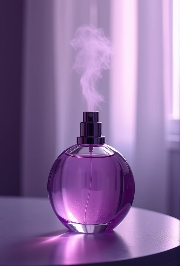 long exposure photo of a{parfume bottle from ice glass content lilac liquid three quarter part(accurate prompt:1.8)sprayed a lilac-purple fog(lilac to purple gradation:0.7), sprayed to purple rose petal(rose:1.2)}in motion, lilac vapor sprayed, vertical angle shot, blurred edges, slow shutter speed motion photography, shot on Fuji Film XT4 camera f/1.2 ISO 200 silver silk curtain background, glowing curtain, oval vignette, focus on the bottle, UHD, best quality wallpaper, 8k, dramatic light, intricate detailed