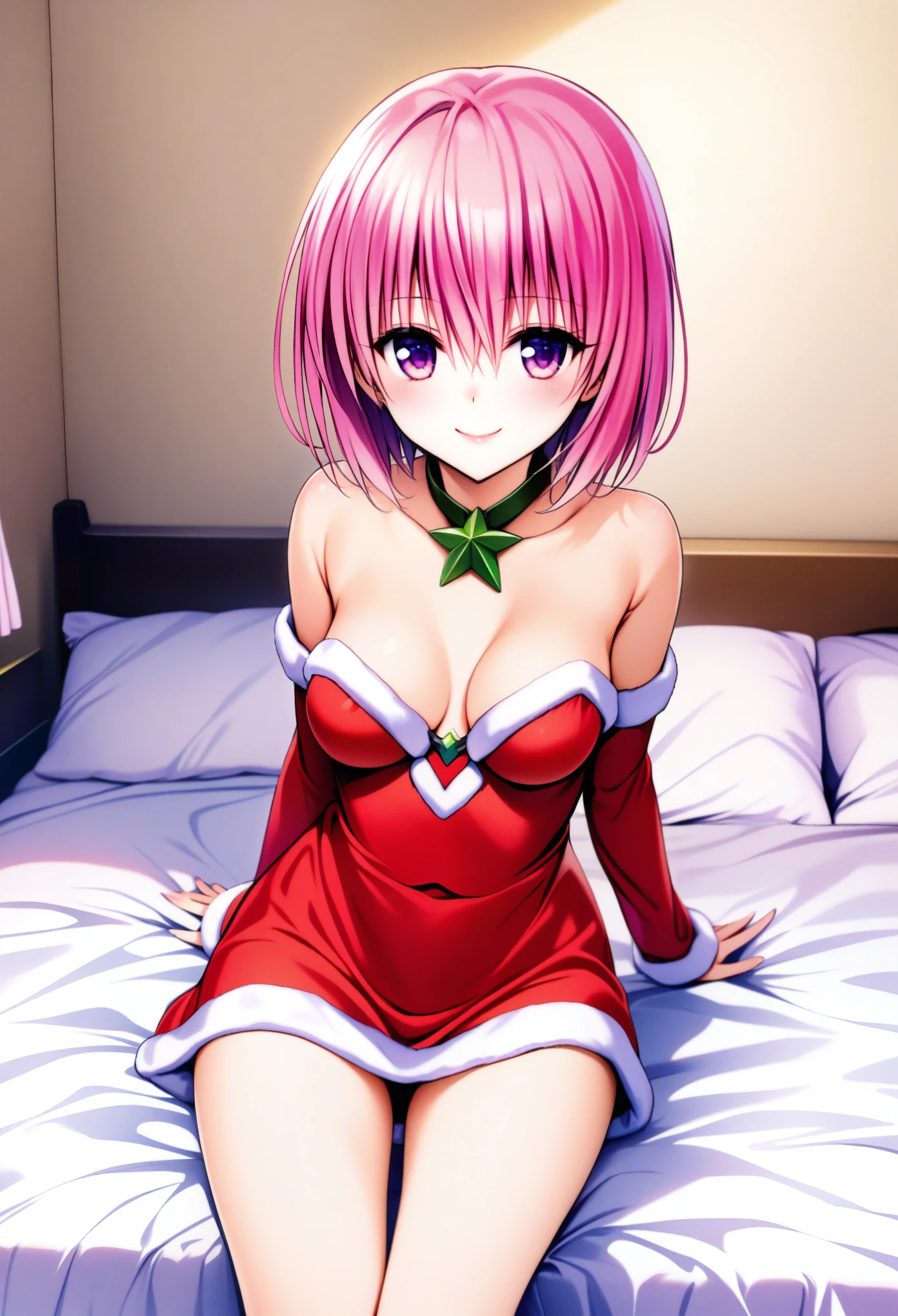 Momo Belia Deviluke,   1 girl, Alone,   Pink Hair,   short hair, smile, ,   purple eyes,  At dawn,   Viewers watch   , Pink Eyes,  Saints of War ,   Santa Costumes , medium breasts, bedroom,   on the bed, 
yabukikentarou, masterpiece, Best Quality,   so beautiful,  absurd, 
