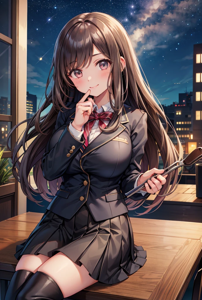  1 girl, solo,  Kampala, Long Hair, ((Large Breasts)), smile,  Teal Eyelids, Brown Hair, In the streets of England ,  Kampala, masterpiece, accurate,  anatomically correct, 最high quality,  detail, 高い detail,  HD Model, high quality,  very detailed ,  textured skin,  ultra-fine,  high school uniform ,  blazer miniskirt,  black long boots with black ribbons, Cooking on the desk, Emphasize the upper body, French restaurant , night,Terrace seats, Starry Sky, autumn, whole body, sit on a chair, Teenage Girls,  