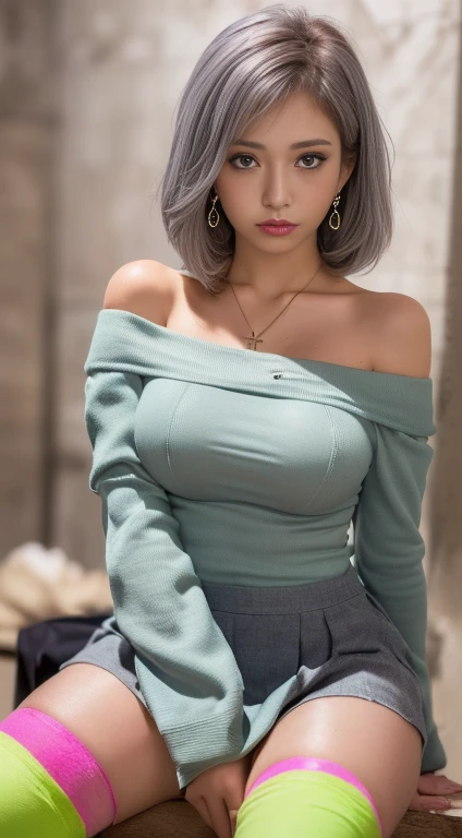 masterpiece, 8k, Award-winning photo, photoRealistic, Realistic, Very detailed, Ultra-high resolution, Ray Trakun, ///one person, The most beautiful, 20-year-old , (sexy, Japanese Idols), (Gray Hair:1.2),///Human details Shiny skin , Detailed skin , Beautifully detailed face , Beautiful details , beautiful 歯, /// (double eyelid, Droopy eyes), Natural Lip, (Brightly colored large breasts:1.2), Sunburn, ///(((whole body, sit,Crossing your legs))), (From above:1.3), Remember, ///office, Blurred Background, Very detailed background, /// Earrings,necklace,(Off-the-shoulder blouse:1.5),Tight skirt,A well-trained body,logic
///Finished ultra-Realistic textures, RAW Photos,Shine,Troubled expression,(Sweaty body:1.3)