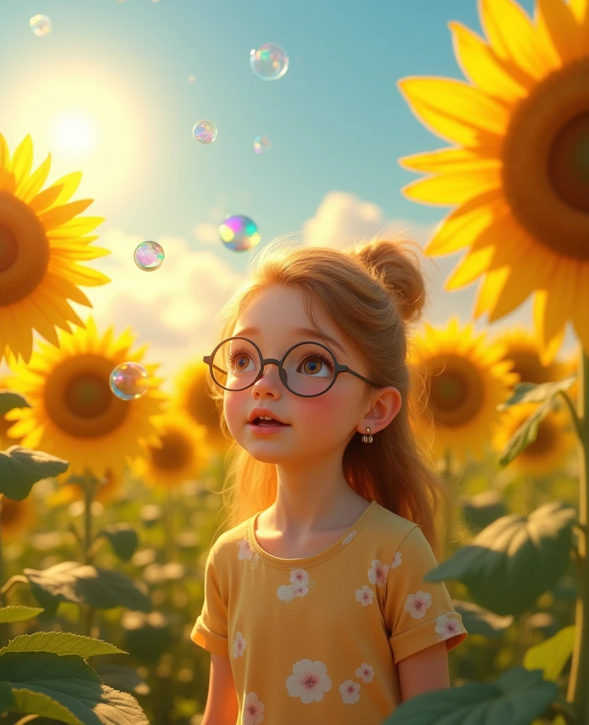 noon, a field of sunflowers, a girl with glasses blows bubbles on the field
