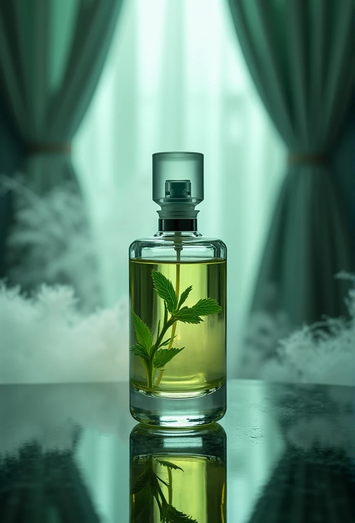 long exposure photo of a{perfume bottle from ice glass content mint liquid three quarter part(accurate prompt:1.8)sprayed a mint-yellow fog(green to yellow gradation:0.7), sprayed to blue rose petal(rose:1.2)}in motion, mint vapor sprayed, vertical angle shot, blurred edges, slow shutter speed motion photography, shot on Fuji Film XT4 camera f/1.2 ISO 200 silver silk curtain background, glowing curtain, oval vignette, focus on the bottle, UHD, best quality wallpaper, 8k, dramatic light, intricate detailed