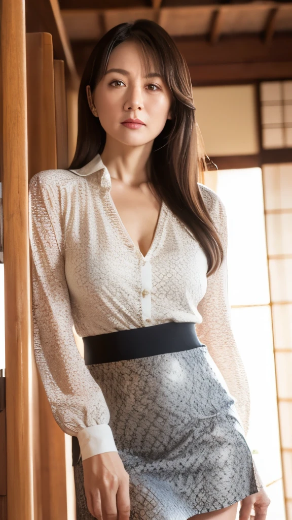 (Masterpiece, Hyperrealistic, 8k, HDR, RAW), ((Natural illumination)), window illumination, inside illumination, (((Inside a classroom))), ((Beautiful woman)), pretty woman, 25 years old, ((White blouse)), ((Satin skirt)), ((pony tail)), ((Toned slim body)), ((brown hair)), sexy face, big eyes, grin, perfect anatomy (small breasts:1, 2)