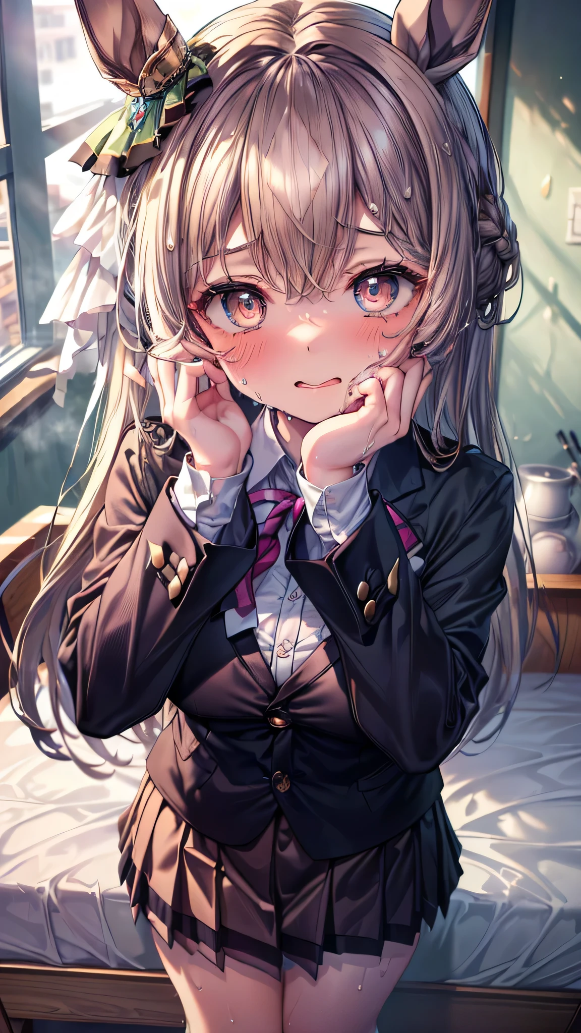 nsfw, ((masterpiece, sidelighting, finely detailed beautiful eyes: 1.2)), ultra-detailed, ultra high res, professional lighting, high quality makeup, beautiful detailed eyes, sexy, beautiful, big eyes, drooping eye, (bed room), (1  girl:1.4), (school uniforms, blazer, blouse, mini skirt:1.4), (huge breasts:1.2), (slender body:1.1), (blush cheek:1.4), Extremely cute, (extremely detailed beautiful face), (Authentic skin texture:1.4), beautiful hair, beautiful face, beautiful eyes, beautiful body, beautiful hands, satono diamond \(umamusume\),  (orgasm:1.6), (sexual aroused, sexual aroused face focus, ecstasy face focus:1.6), (clothed:1.6), (face focus:1.6), (sweat:1.6), (standing:1.4), (closed mouth:1.2)