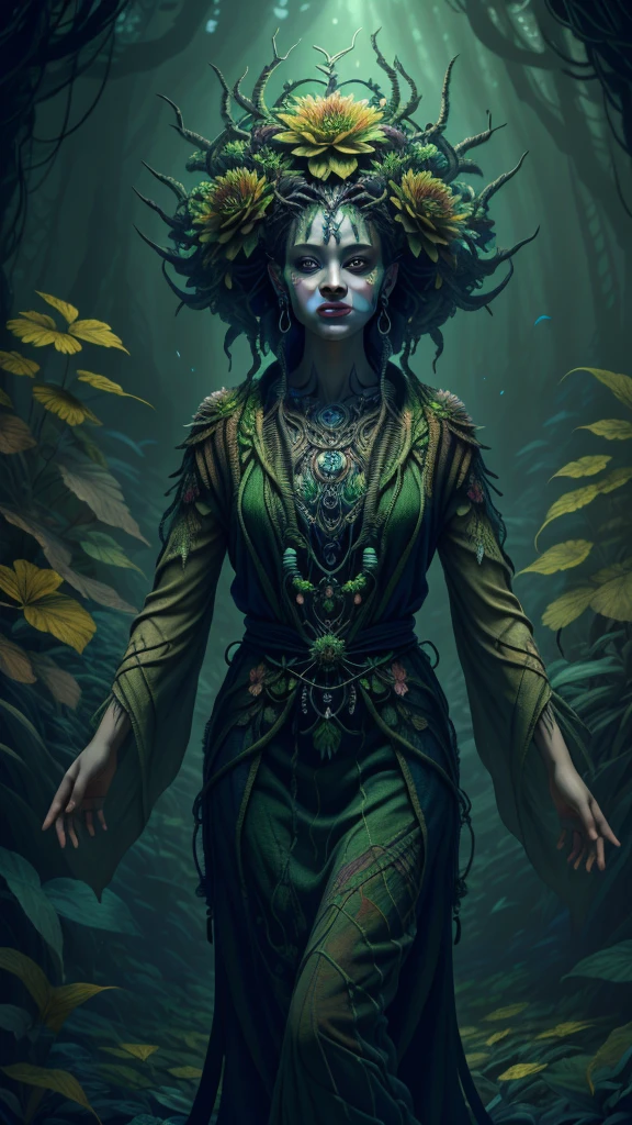 A horror art piece with a 32K ultra high resolution,ultra high definition. A girl with earth tones intricate flower woven robes is smiling. She is in a deep and rich black shadow. The background is a fantastical forest with a variety of plants and creatures. The overall image has a dynamic angle , octane renderings, cinematic shot , maximum sharp focus 