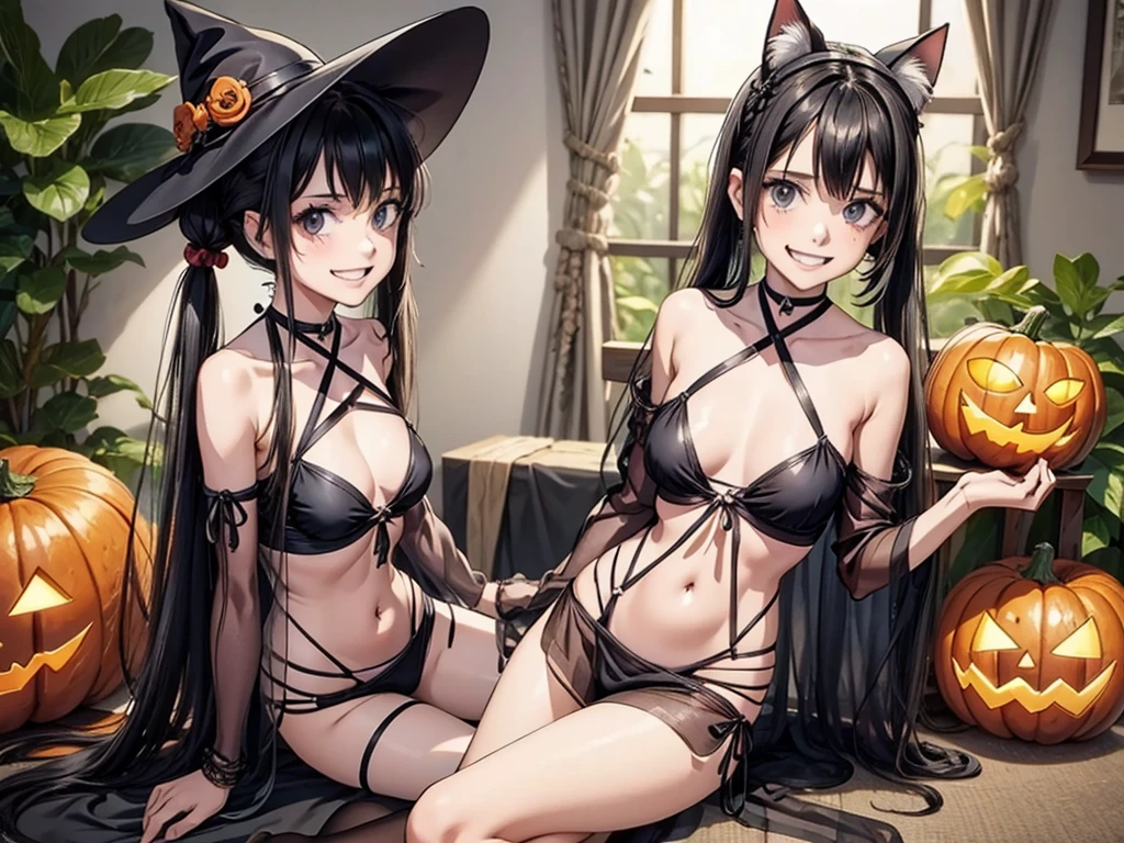 Two women exchanging caresses in sexual intercourse, Vaggie, (((an x in the eye))) ((gray skin))((corps entier 5.5, plan large 2.5)), from behind、from behind、on all fours,(masterpiece, best quality:1.4), absurdres, highres, ultra detailed, beautiful, (witch), (perfect face, detailed face, beautiful:1.3),(natural breasts, cleavage), collarbone, fingerless gloves, gloves,spaghetti strap top, black pencil skirt, tight, over the knee skirt, hat, elegant witch outfit, thighhighs, thick thighs, thighs, multiple belts, More detailed 8K.motor irreal:1.4,UHD,La mejor calidad:1.4, fotorrealista:1.4, textura de la piel:1.4, obra maestra:1.8,obra-prima, mejor calidad,objeto Objeto], (detailed face features:1.3),(manos detailed)
