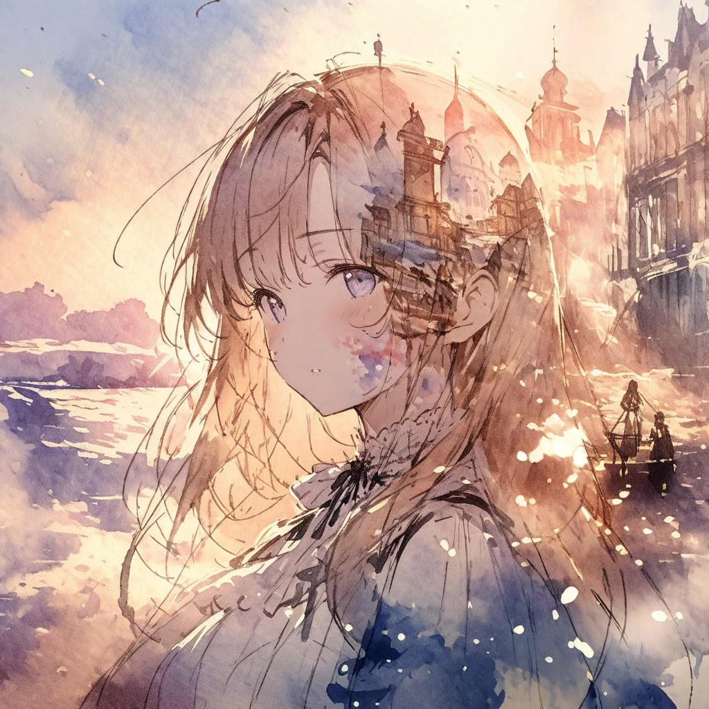 ((sketch:1.5)), ((watercolor:1)), Double Exposure of a Beautiful and Delicate Woman (The face is clear and perfect)image，Background、 Perfect Ultra Detailed Victorian Scenery , beautiful,  complicated illustration,  artwork concept artwork, break,(Everyone wants to be praised and 、 has a desire to be acknowledged),