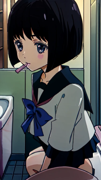 nsfw、A delicate touch、 elementary school students、 high quality,-bar_Firefly,Bob_cut, short_hair, black_hair、toilet、Sailor Warriors、Pretty Guardian、condom in　mouth