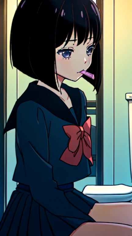 nsfw、A delicate touch、 elementary school students、 high quality,-bar_Firefly,Bob_cut, short_hair, black_hair、toilet、Sailor Warriors、Pretty Guardian、condom in　mouth